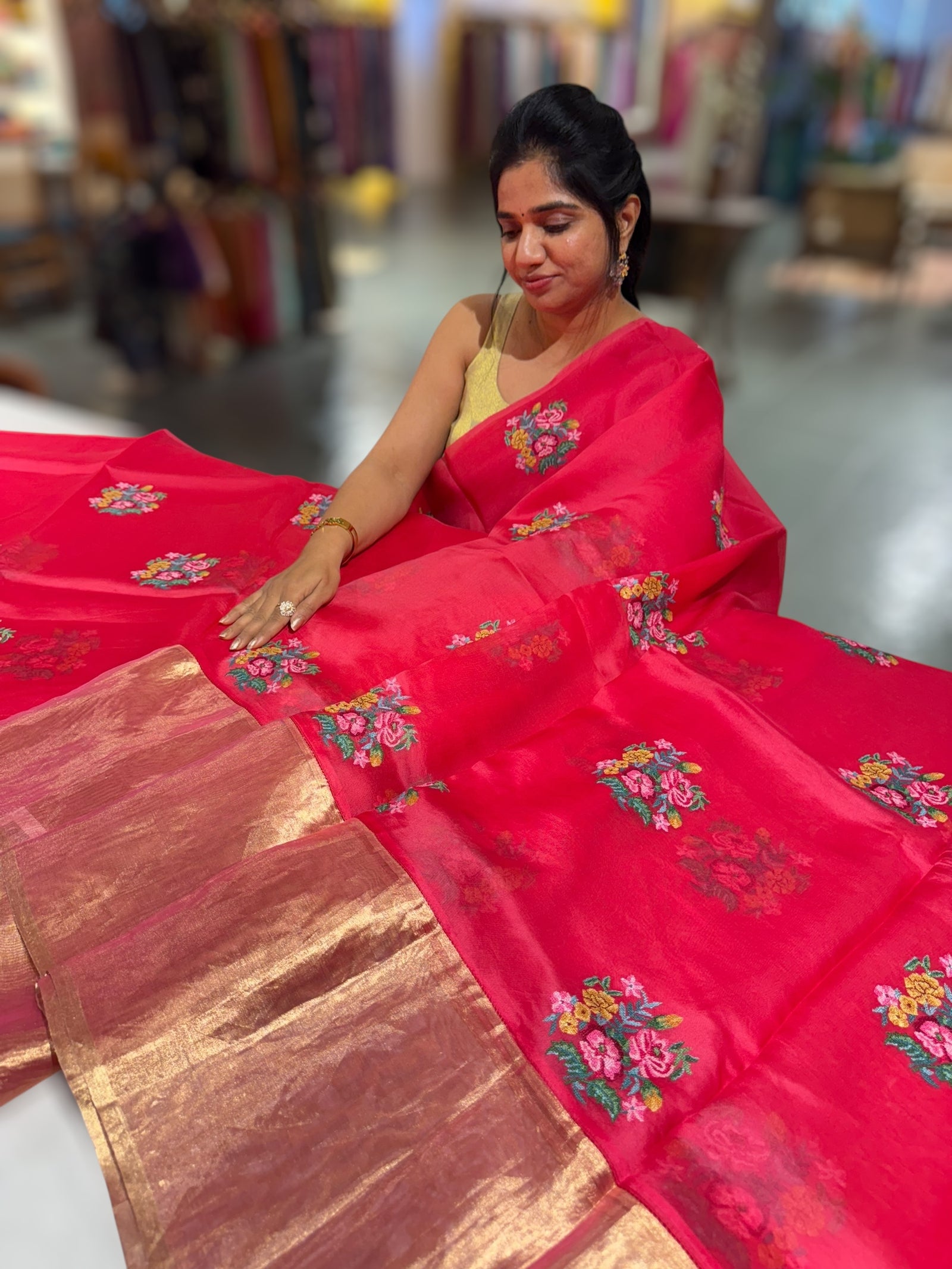 Pinkish Red Organza Saree with pure Tissue Border