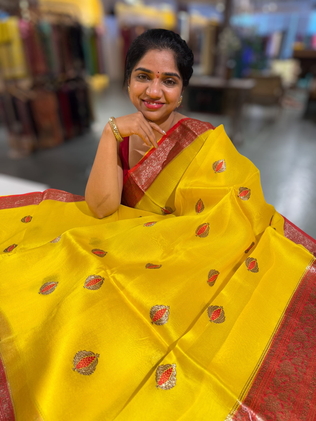 Sunflower Yellow & Orangish Red Combo Kora Banarasi Saree with Meenakari Kaduwa woven motifs