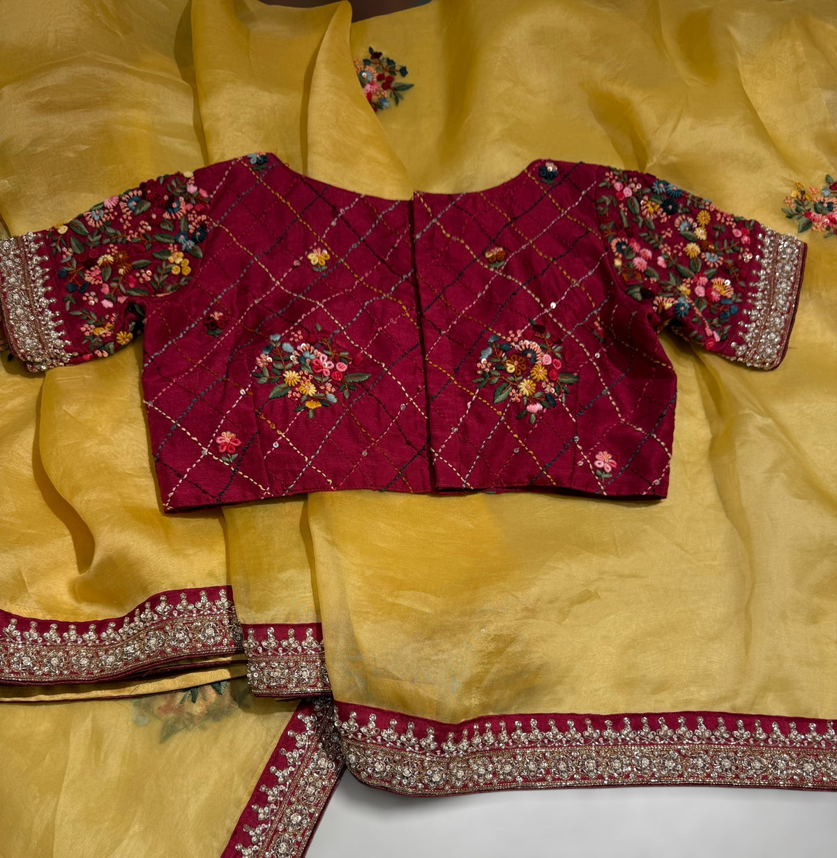Yellow Organza heavy handwork saree with ready to wear blouse