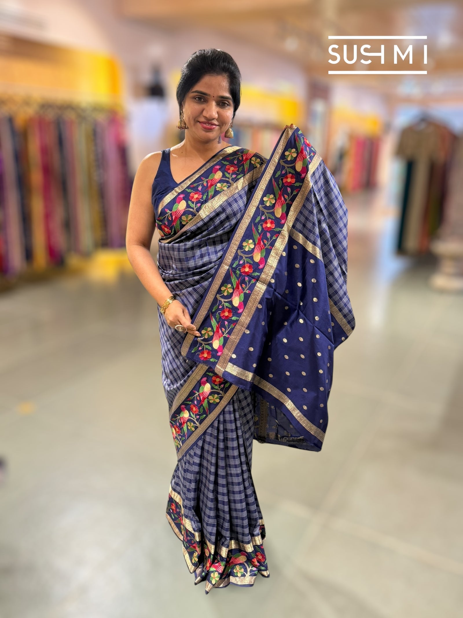 Midnight Blue Vintage checks Kanjeevaram soft silk saree with embroidery D62F040