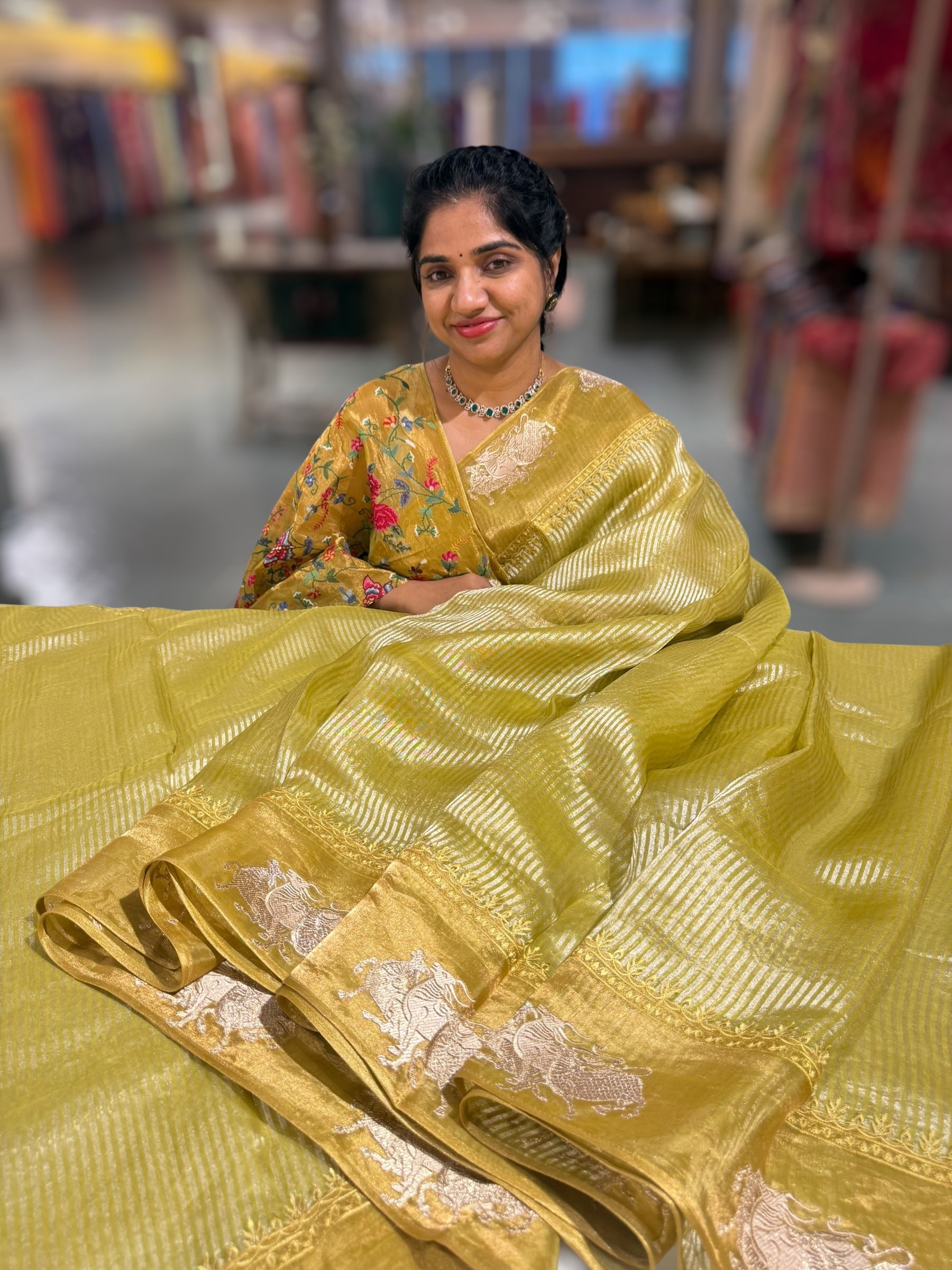 Lime Green Kora tissue stripes Saree with Nandi embroidered tissue border