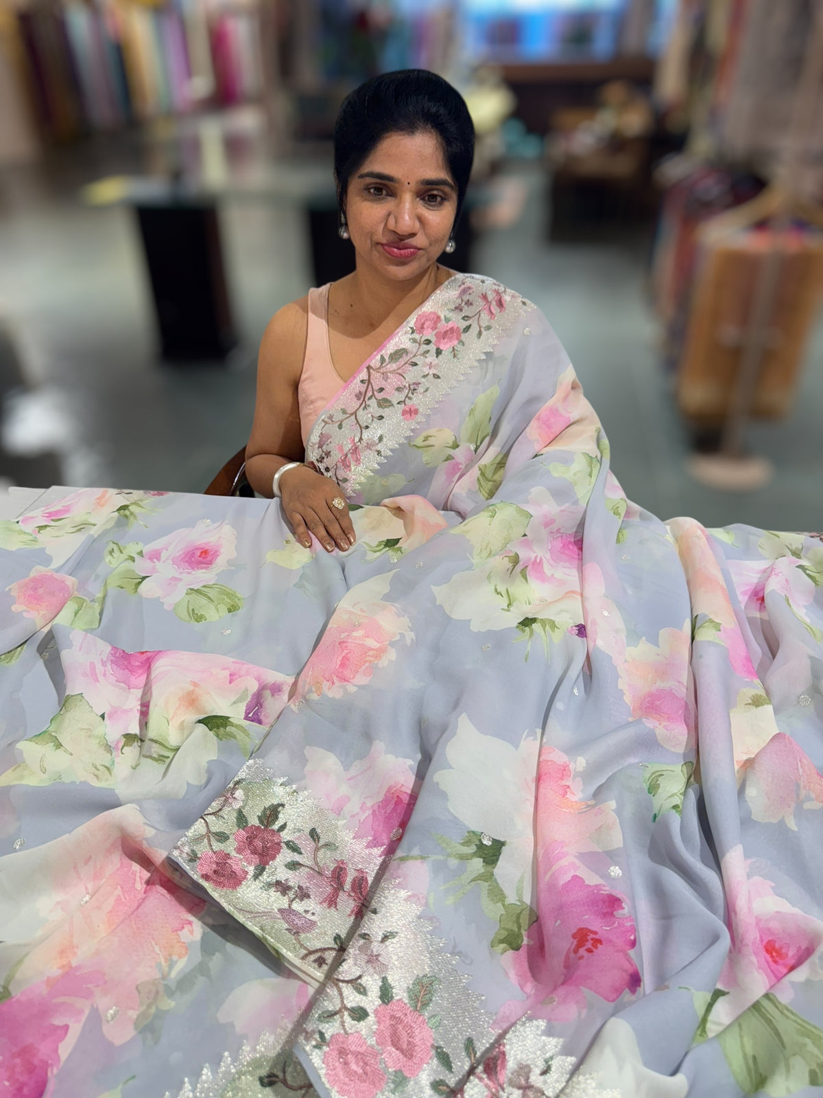 Lilac Printed georgette Saree With Tissue Embroidered Border