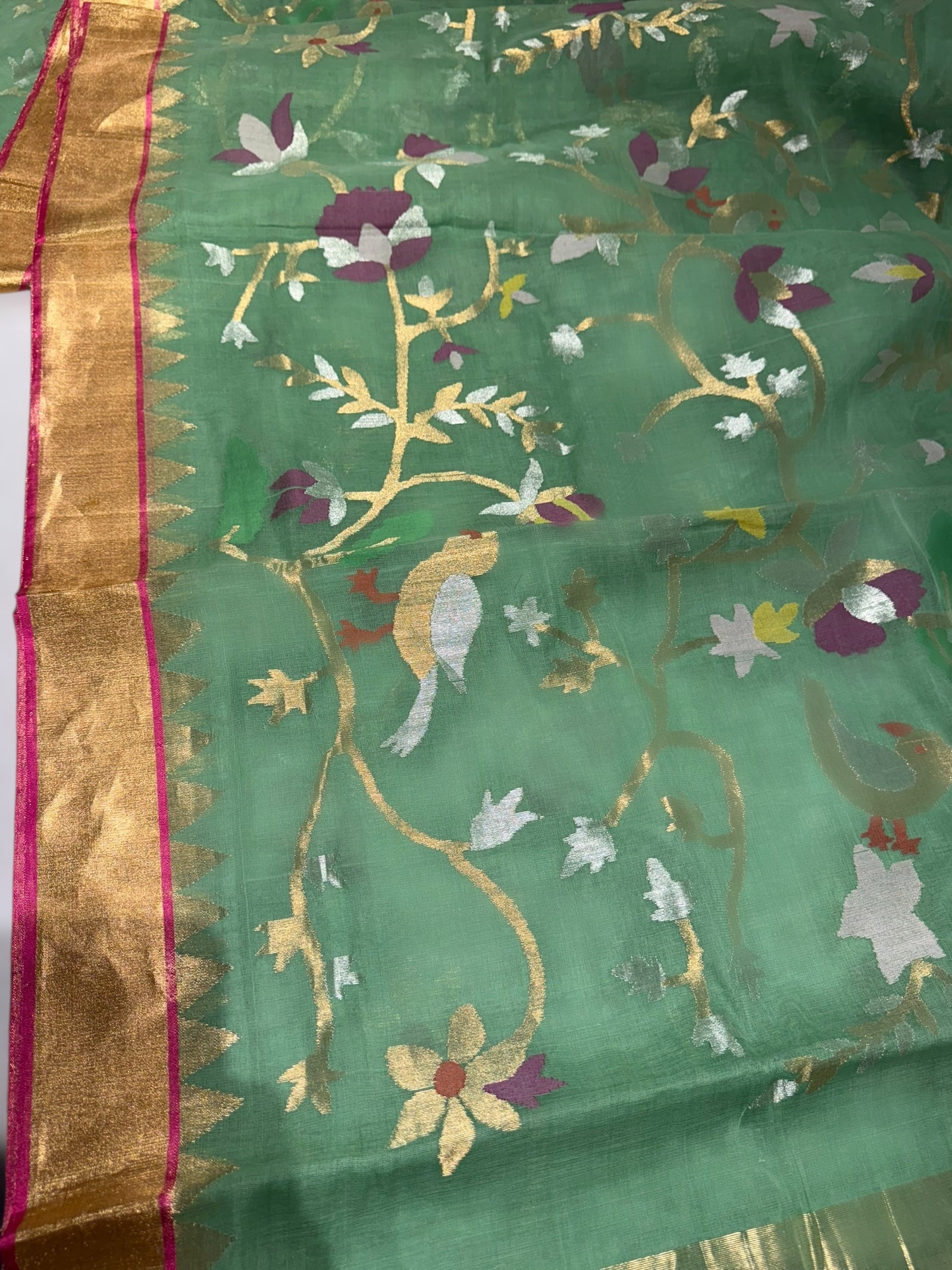 Light Apple Green Ponduru Khadi Jamdani Allover Meenkari Weaving Saree