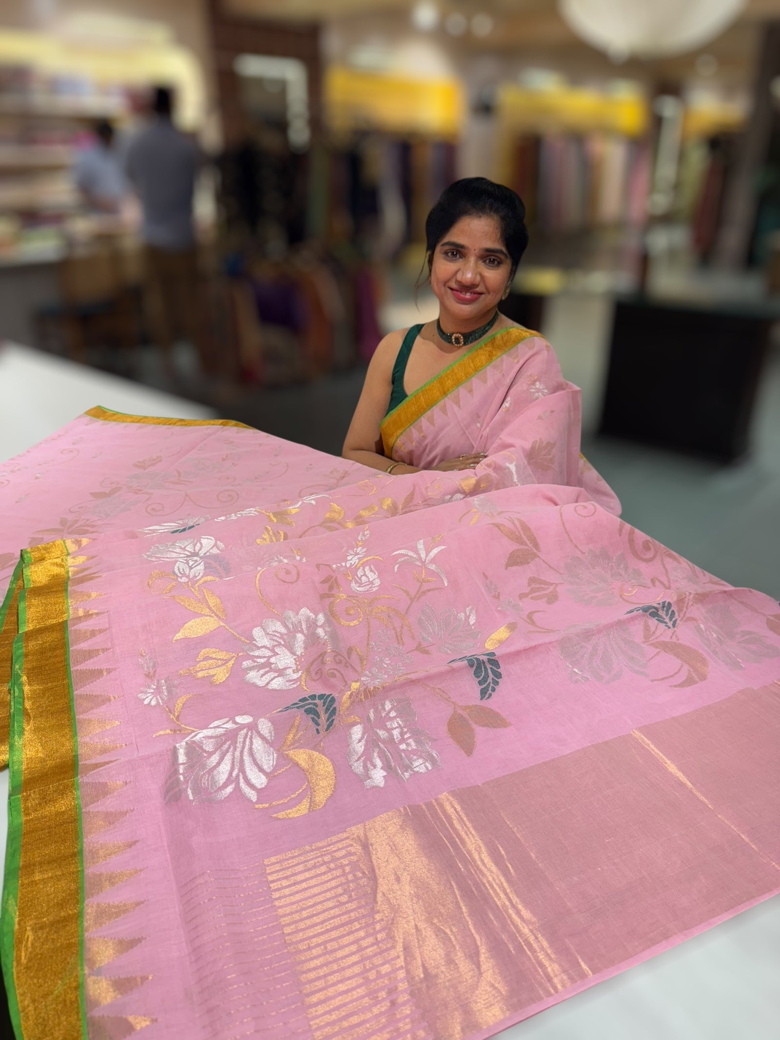 Baby Pink Ponduru Khadi Jamdani Allover Weaving Saree