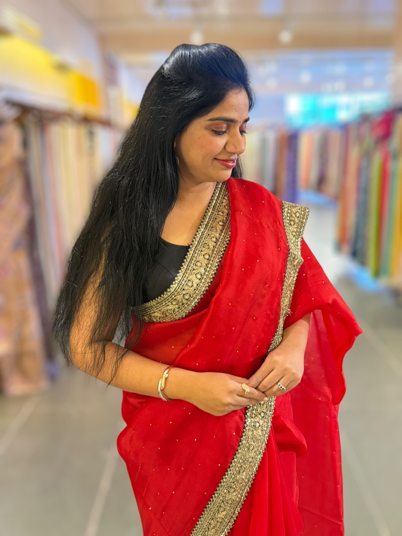 Red Organza with sabyasachi borders