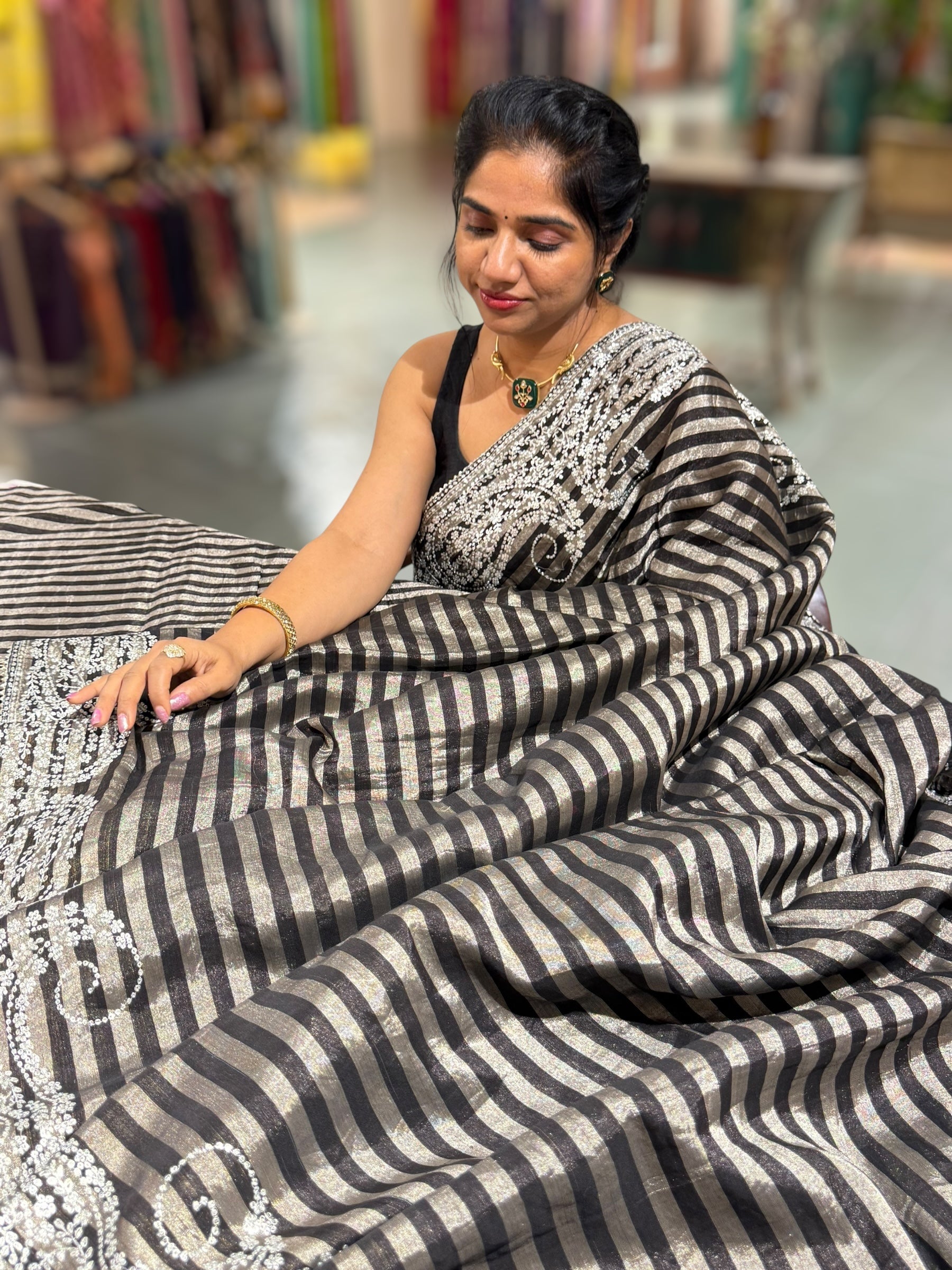 Black & Silver Combo Chanderi tissue Saree with heavy Pita embroidered Border