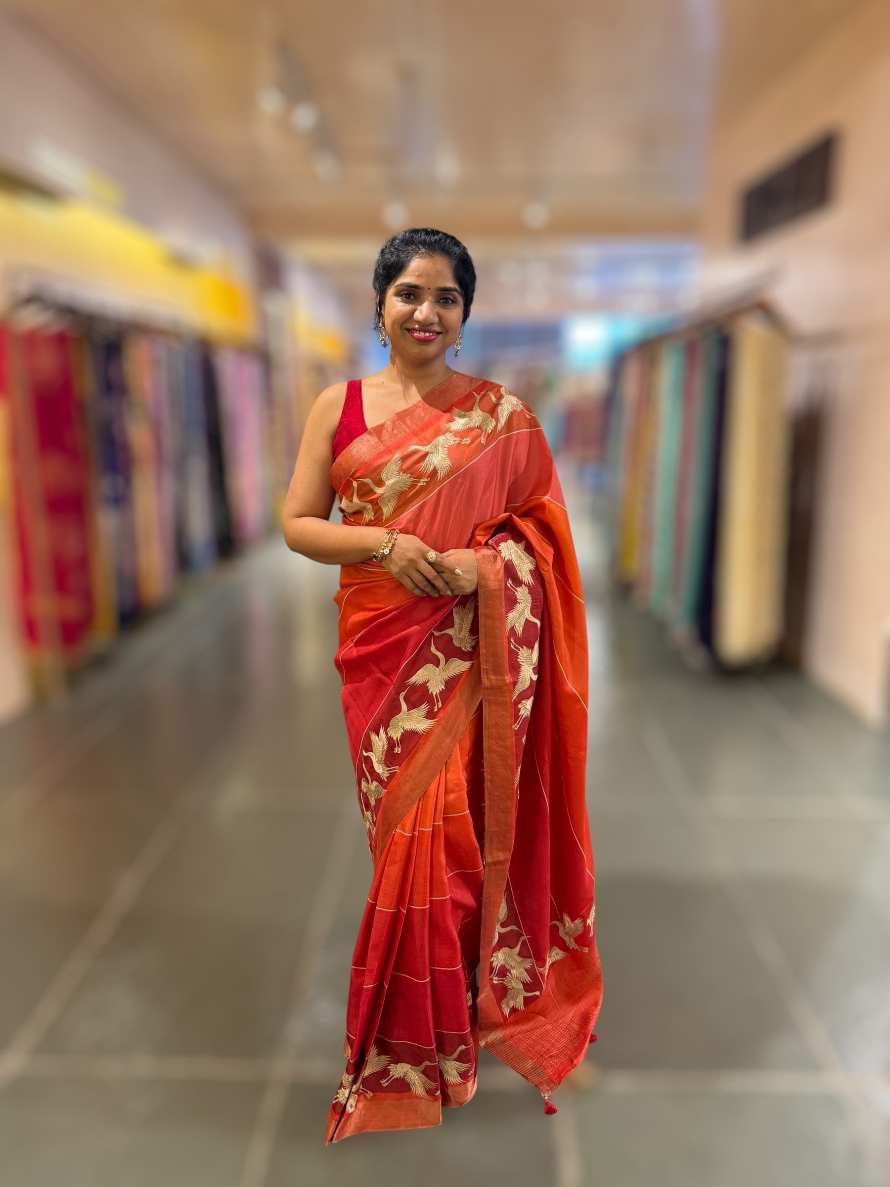 Tussar Rangkaat Saree With Crane Bird  Embroidered Border
