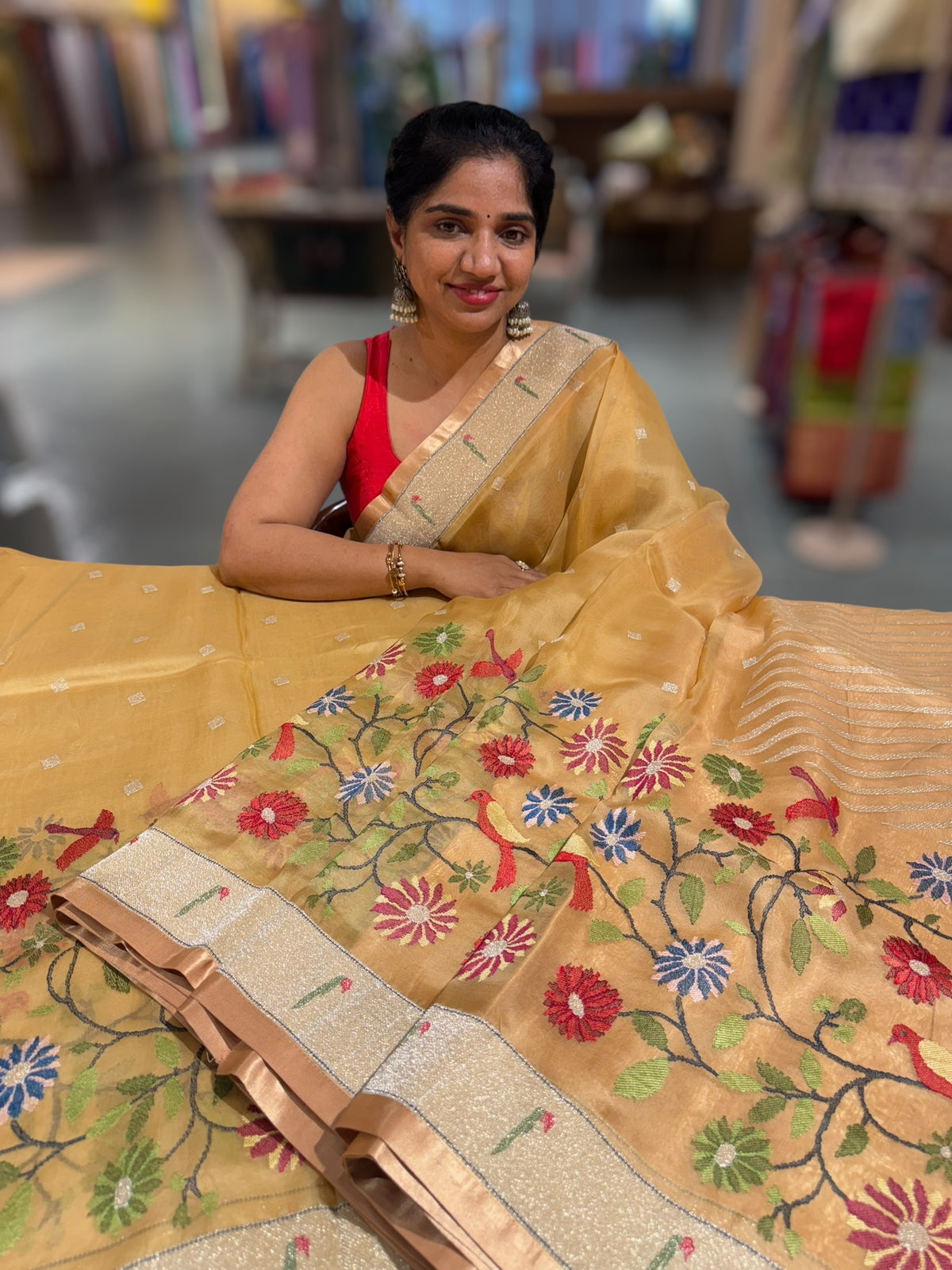 Sandalwood color Pure Organza Saree with pythani insipred embroidery
