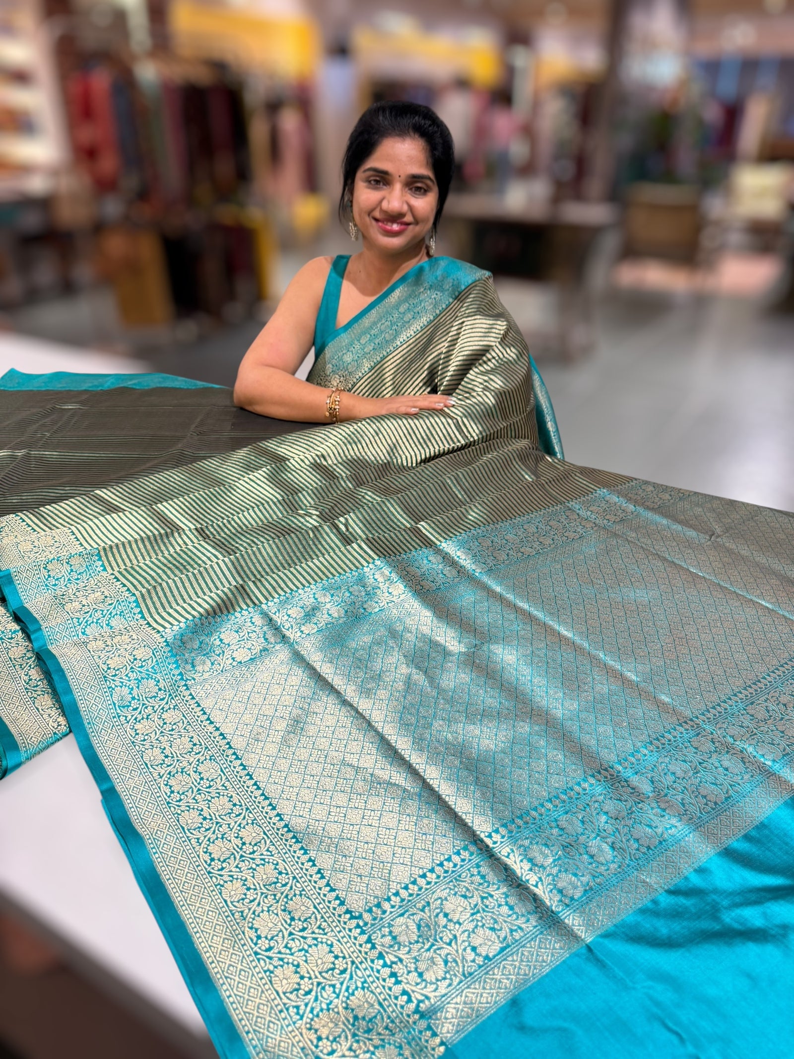 Emerald Green Banarasi Silk Stripes Saree