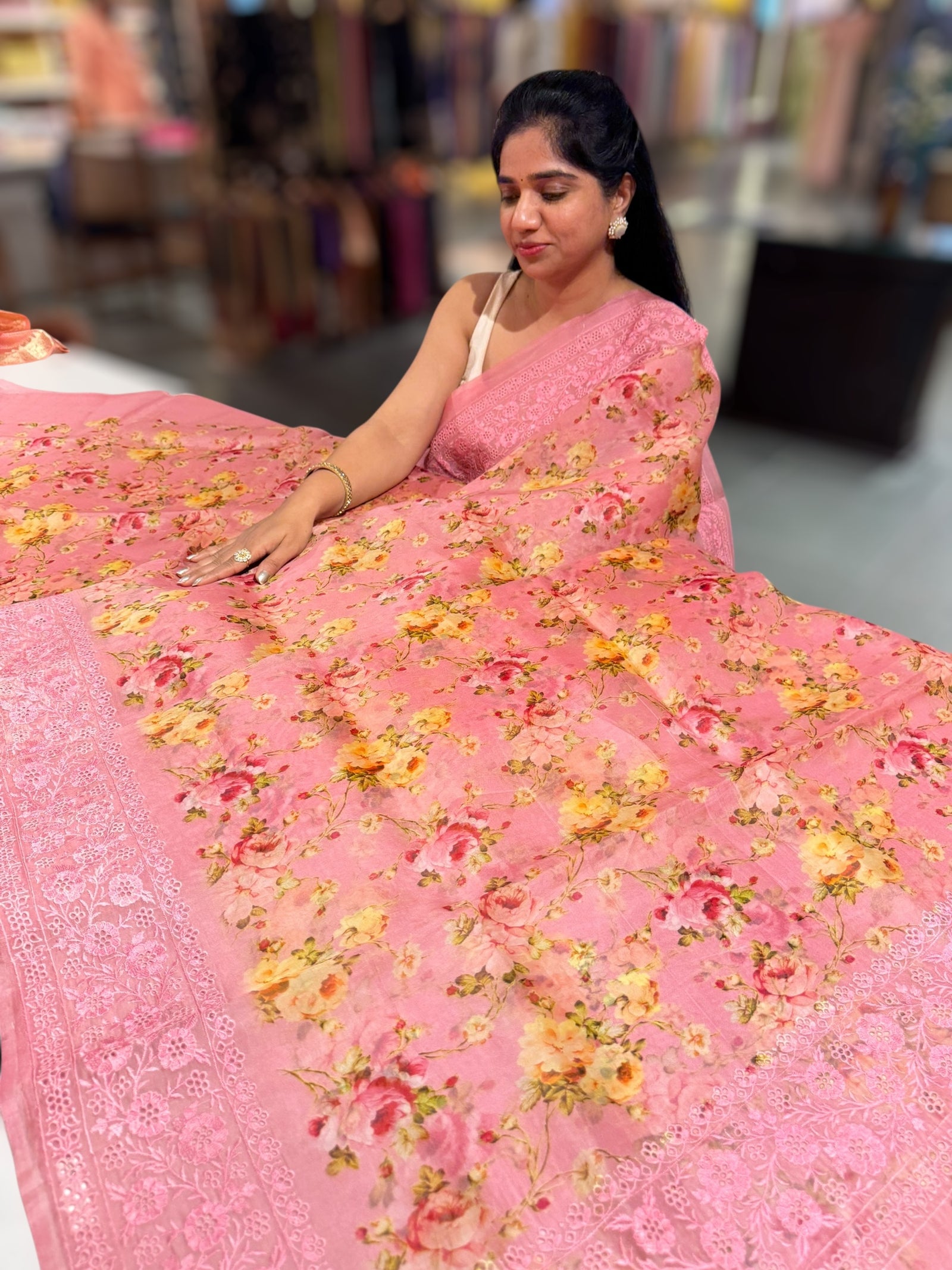 Rose pink floral Organza saree