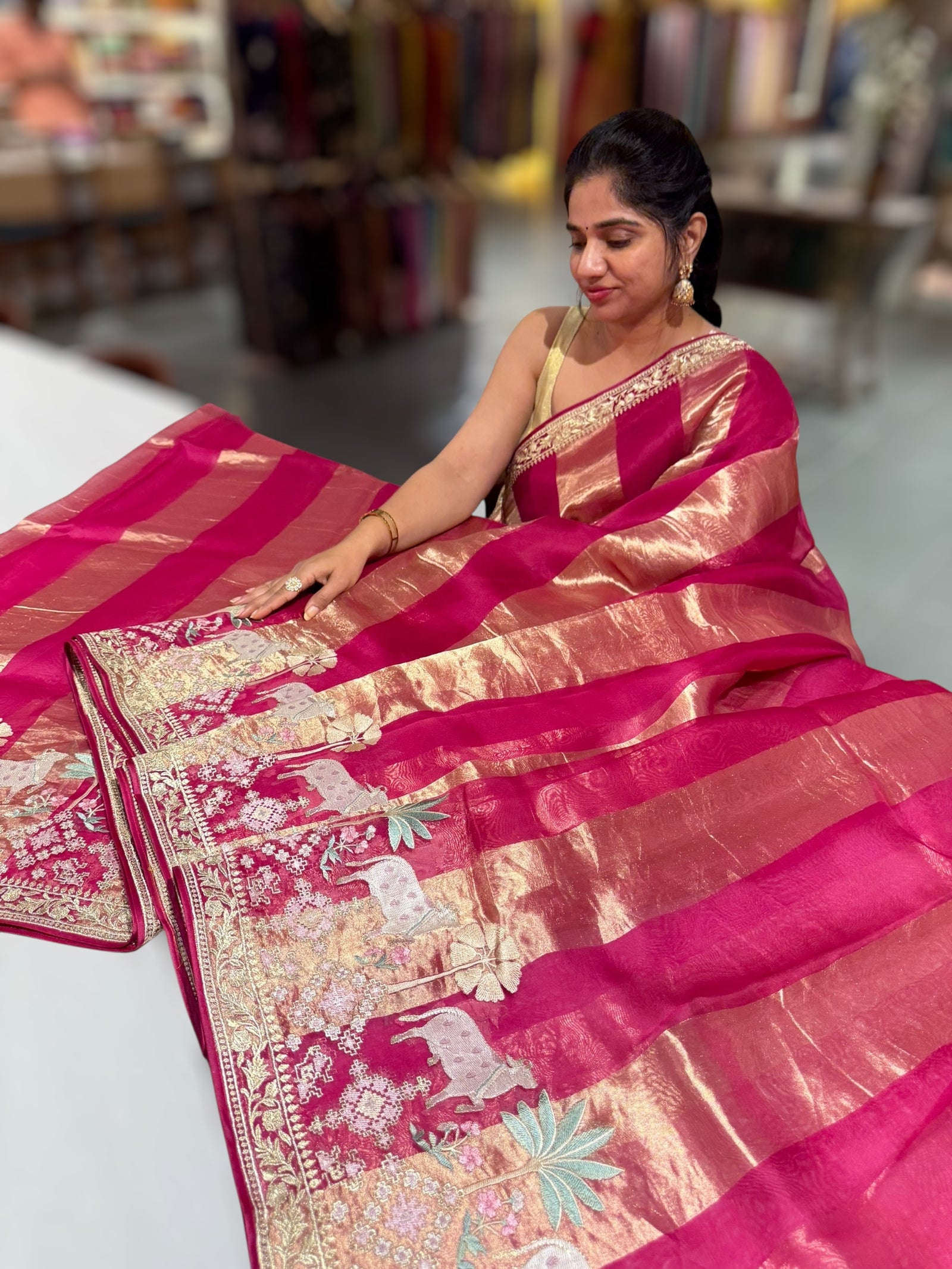 Dark Pink Kora Tissue Stripes Saree With Jamdani  & Pichwai embroidered Border