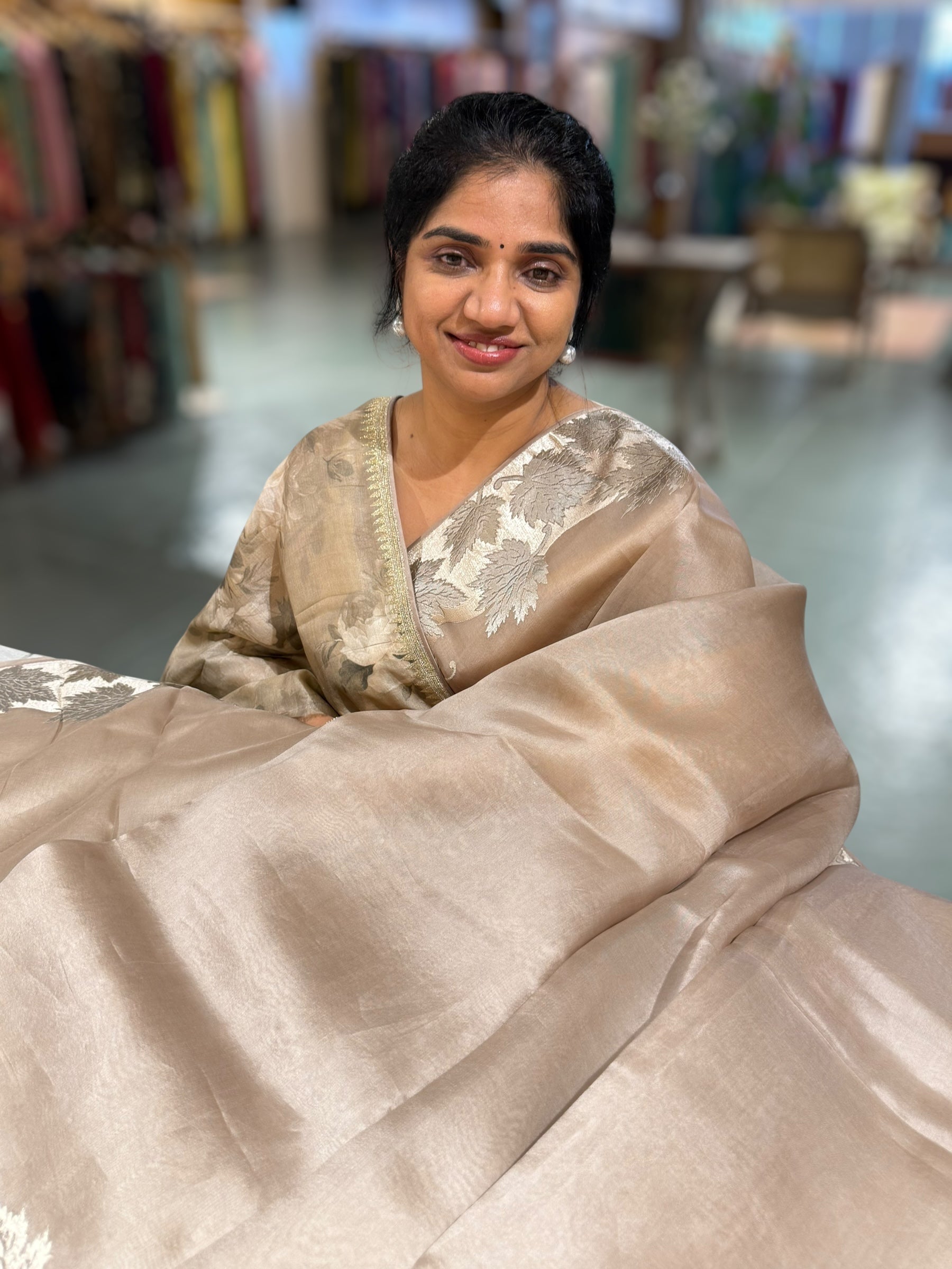 Taupe Organza Saree with Stunning Leaf Embroidered Border