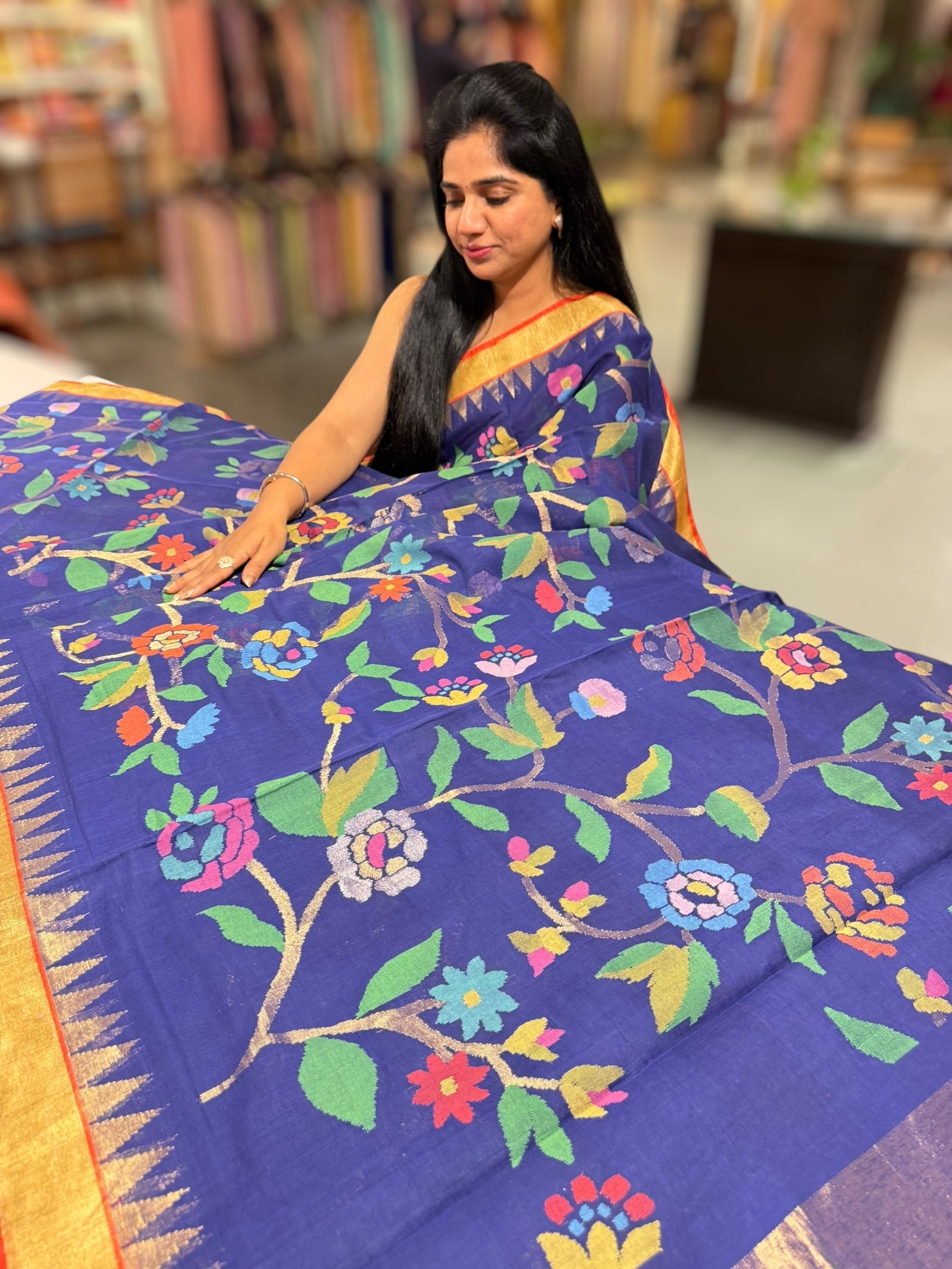 Royal Blue allover ponduru khadi jamdani