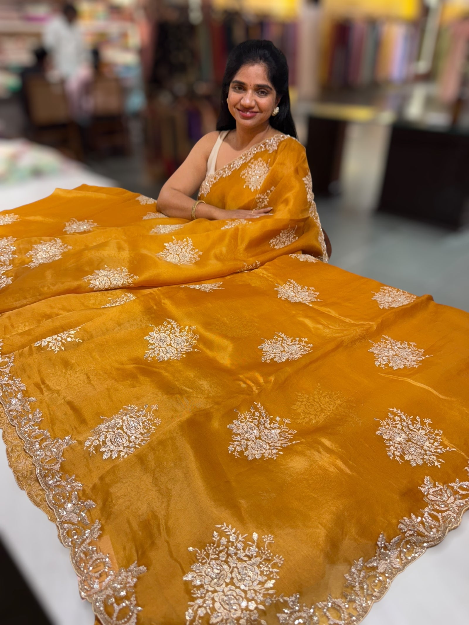 Orangish Mustard Designer Organza Handwork Saree