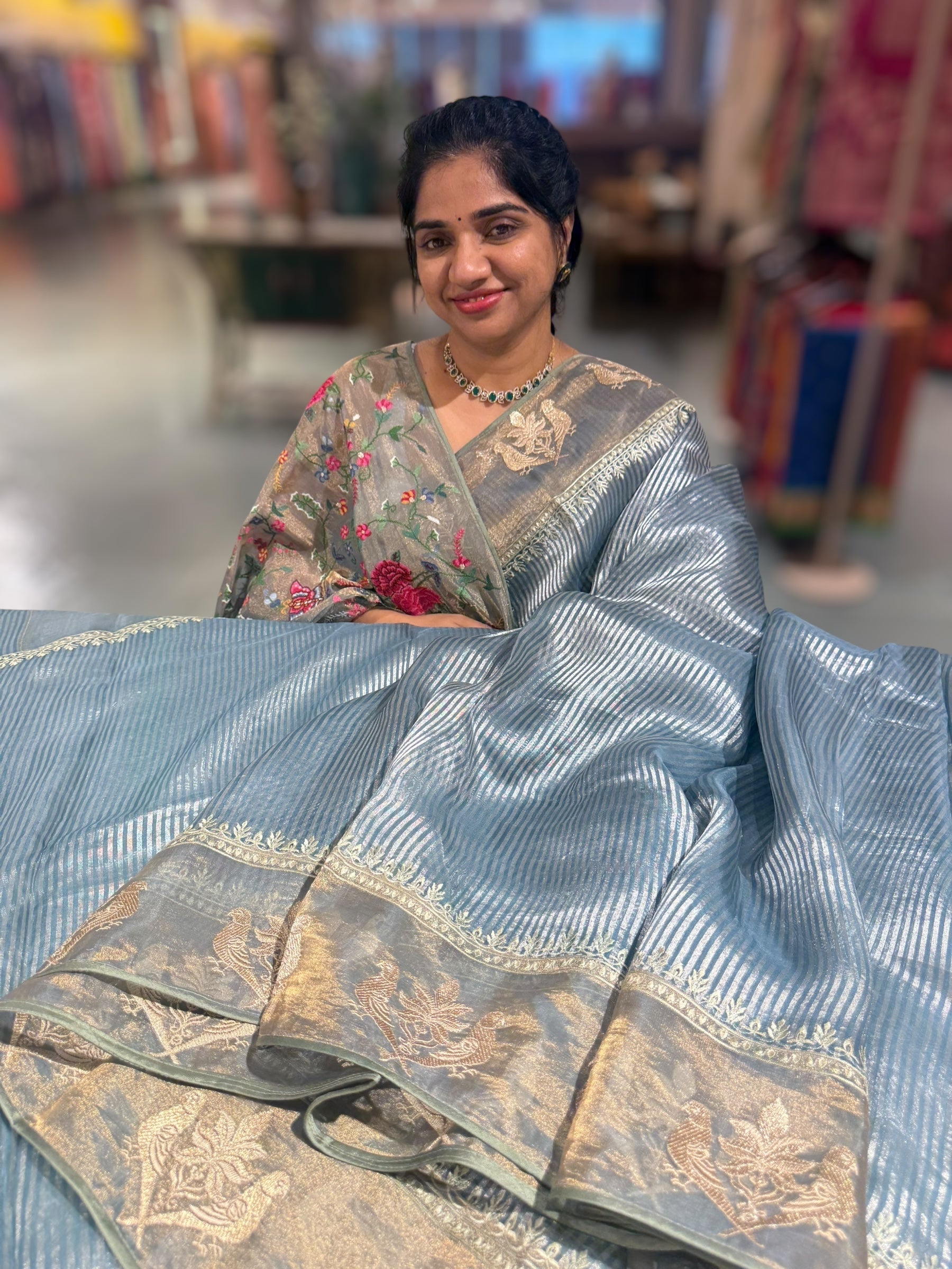 Dusty Blue Kora tissue silver stripes Saree with double parrot  embroidered tissue border