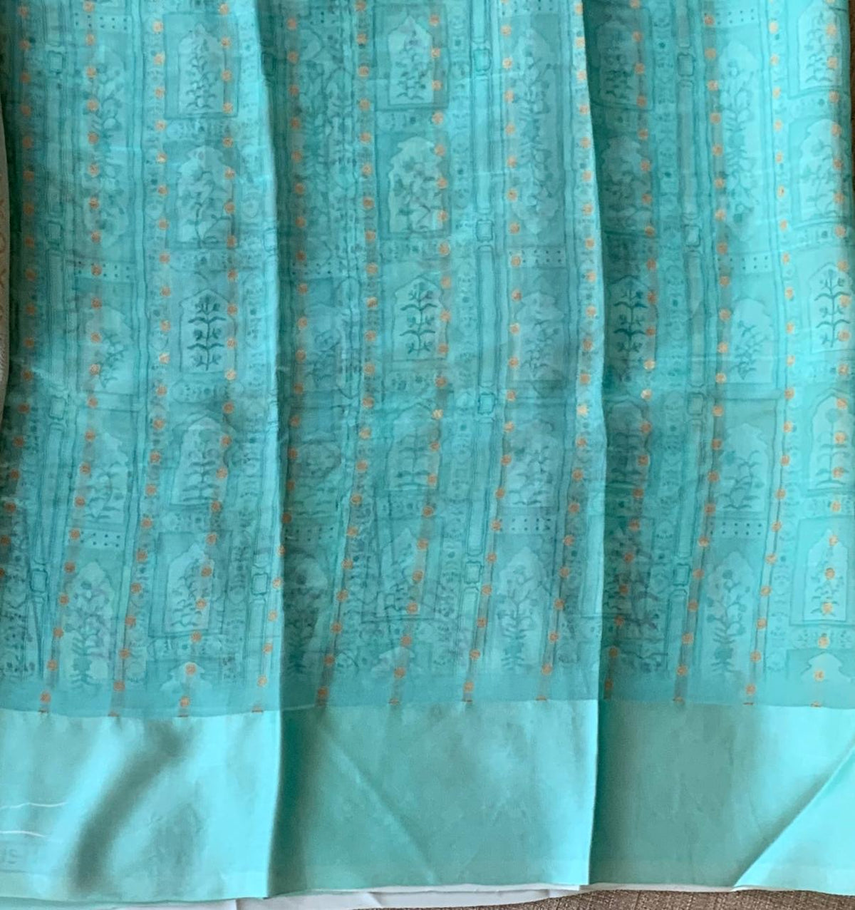 Mint Blue Soft Silk Saree with patola style print and mashru borders
