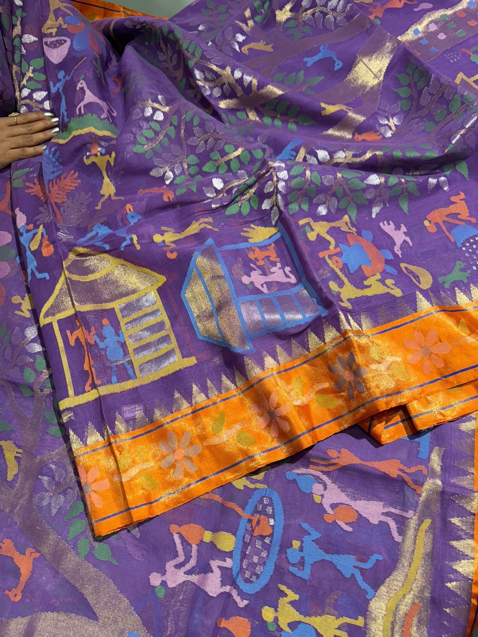 Light Purple Ponduru Khadi Jamdani Allover Weaving Saree with Tissue Pythani Borders