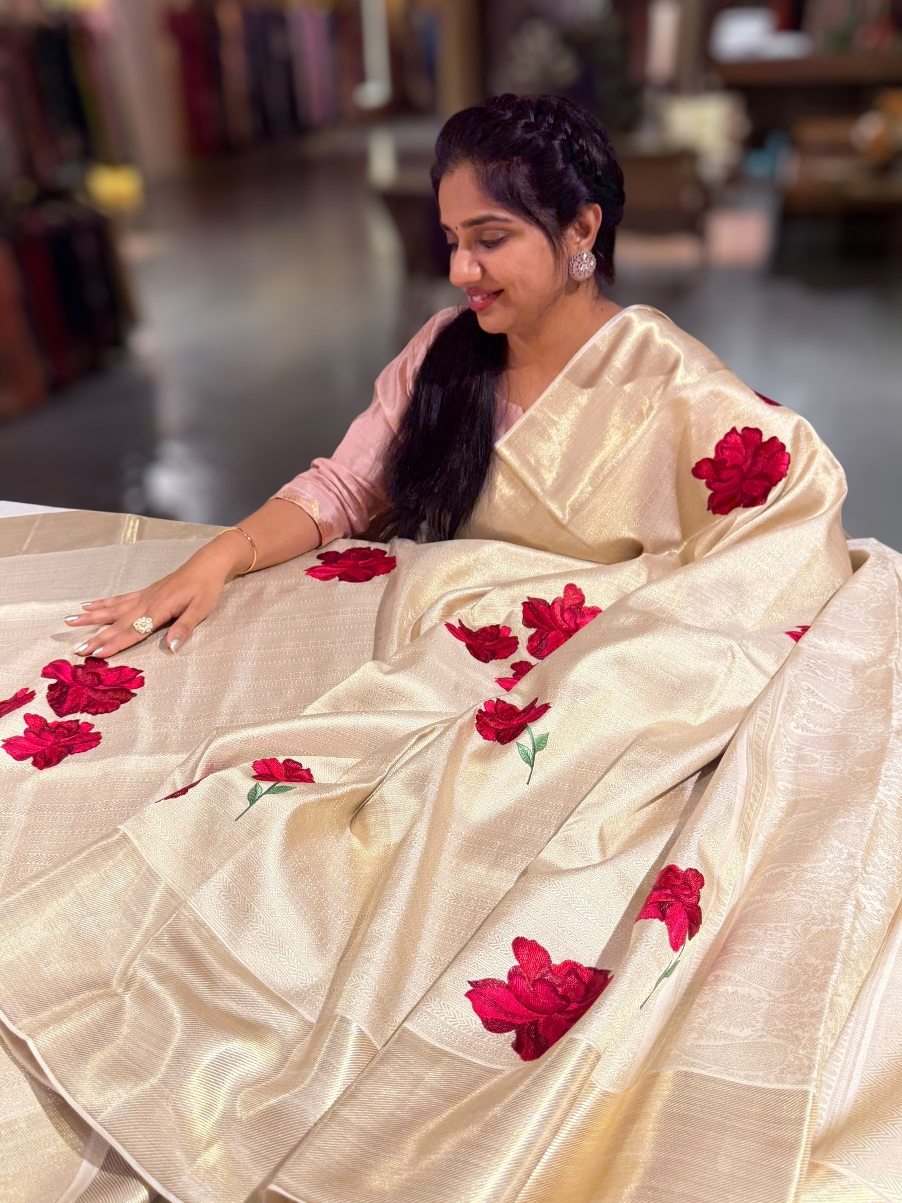 Ivory Banarasi Brocade Kanjeevaram Saree With Hibuscus Floral bunches embroidery