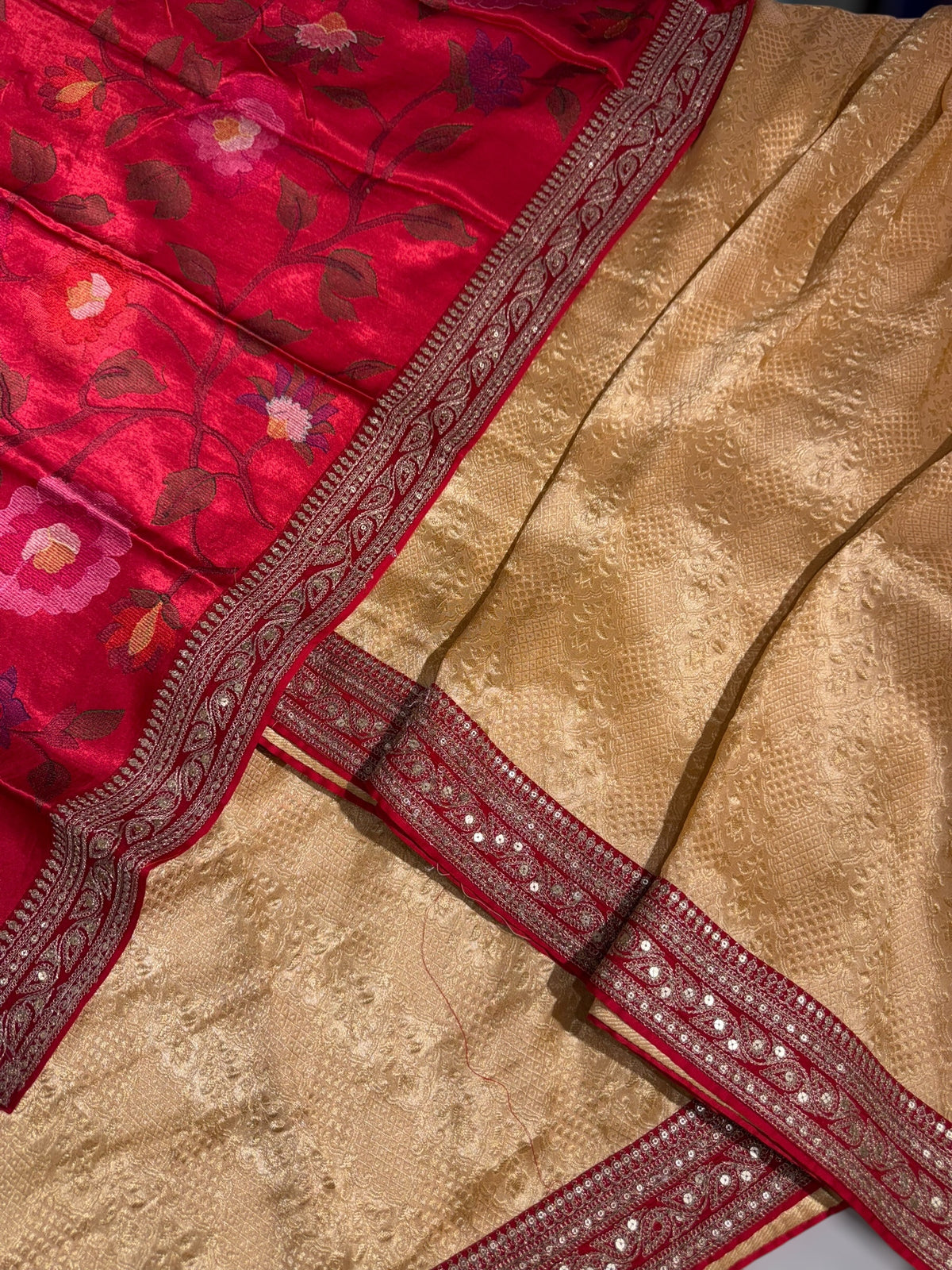 Peach & Reddish Pink Combo Banarasi Tissue Brocade saree