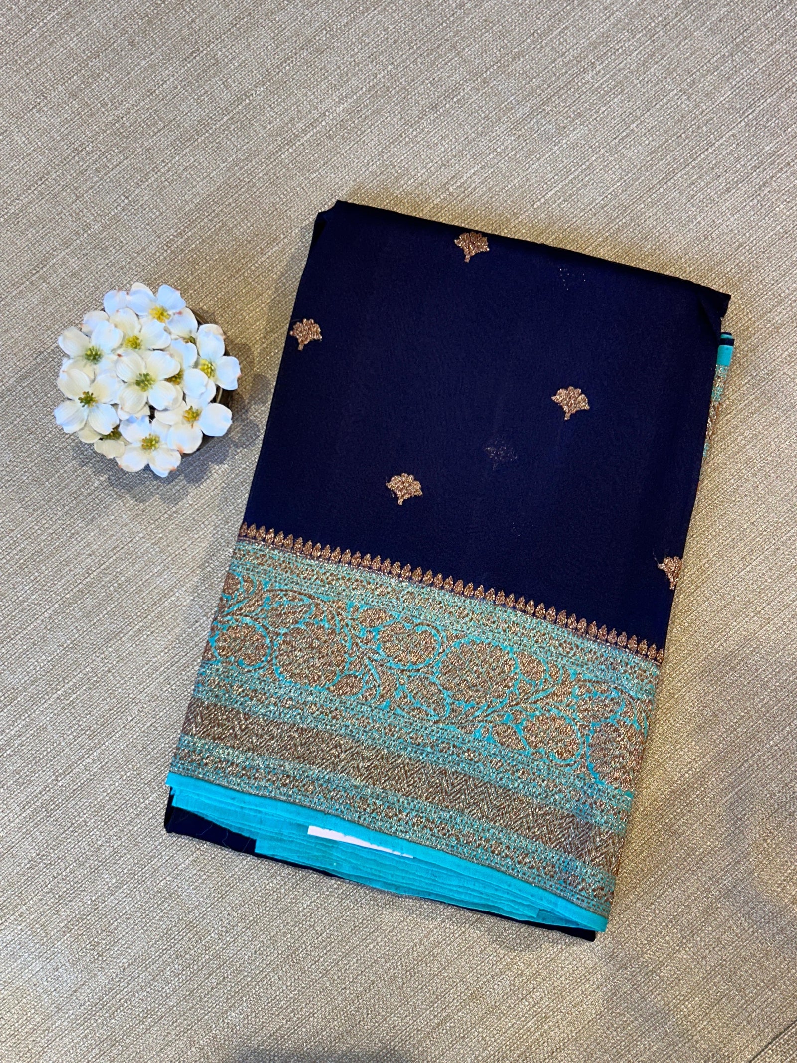 Purplish navy with blue Combo Pure Handloom premium Kora Banarasi Saree