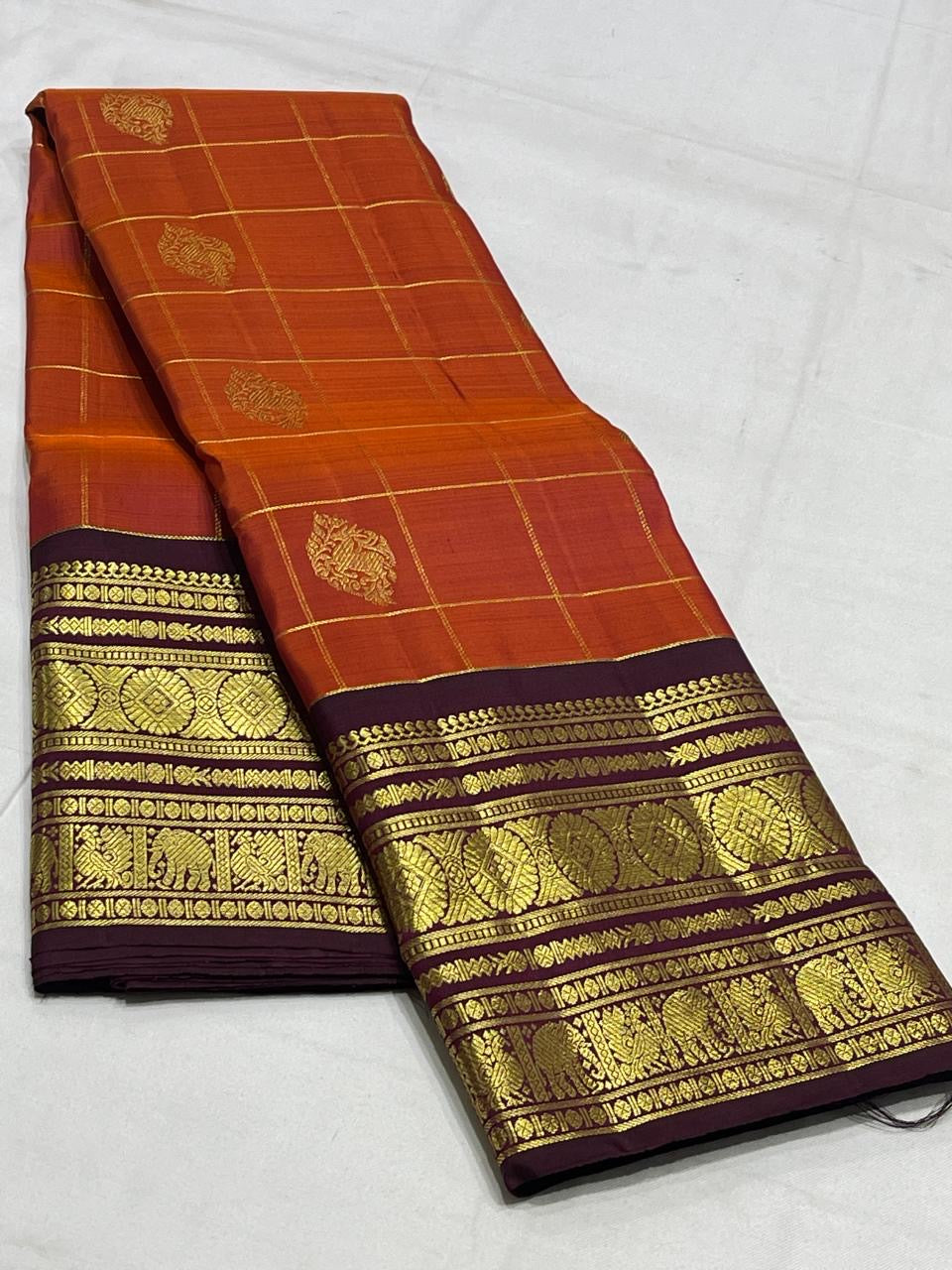 Rust Orange & winish Brown Combo Vintage Checks Kanjeevaram Saree