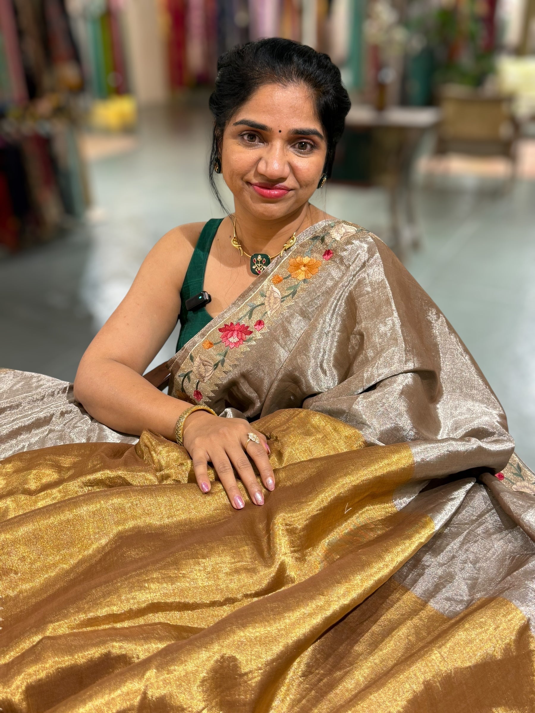 Handloom Tissue Saree with Paithani inspired embroidered border.
