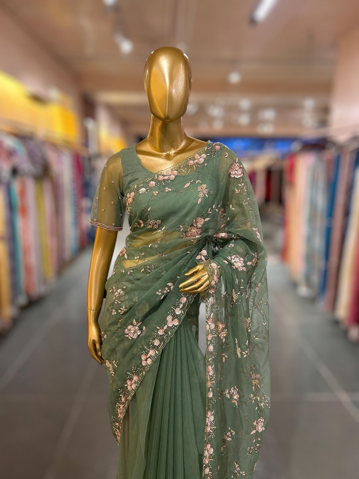 Sage Green Organza allover heavy handwork saree with ready to wear blouse