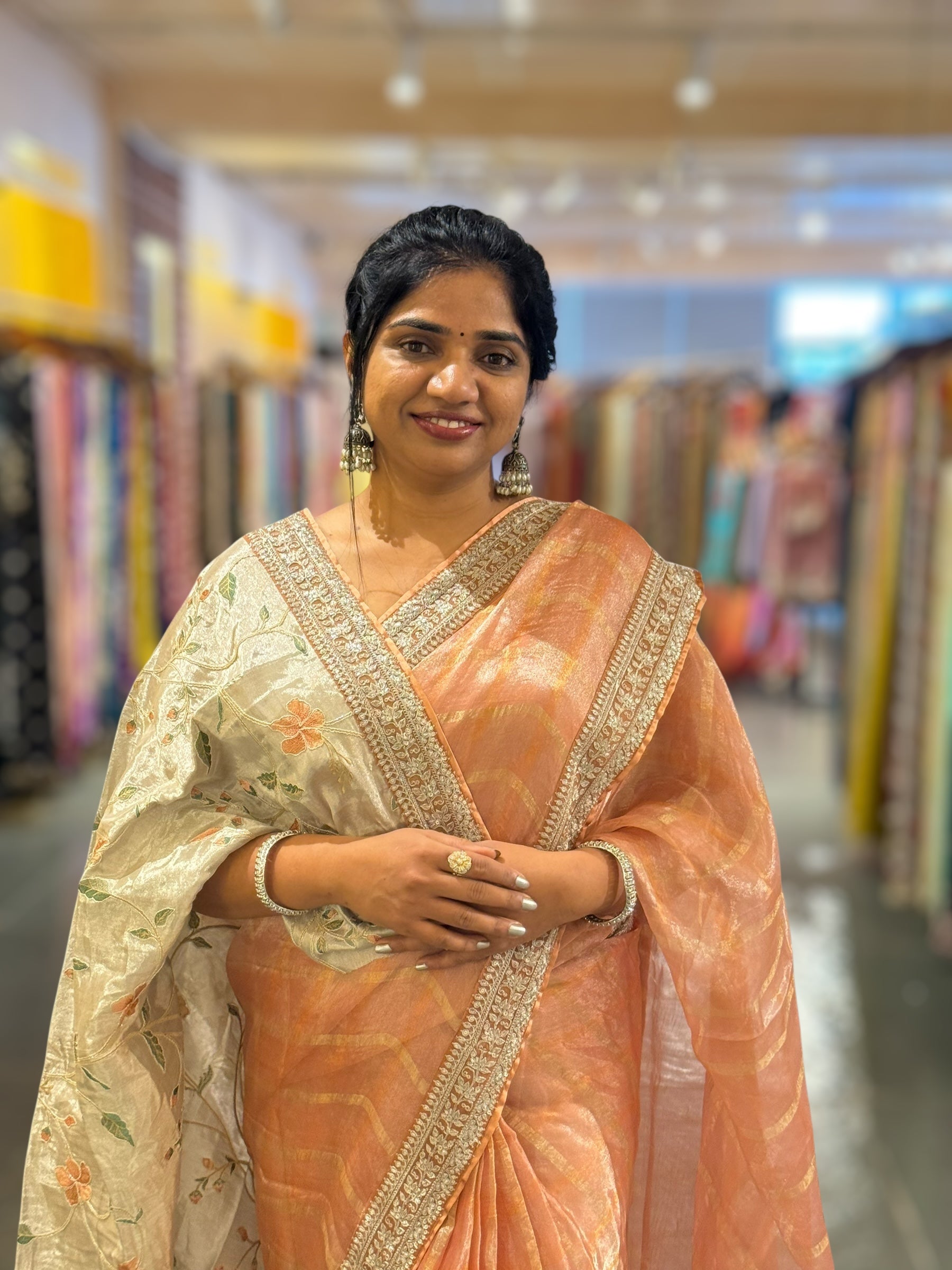 Peach Banarasi Tissue checks Saree with Sabyasachi Borders