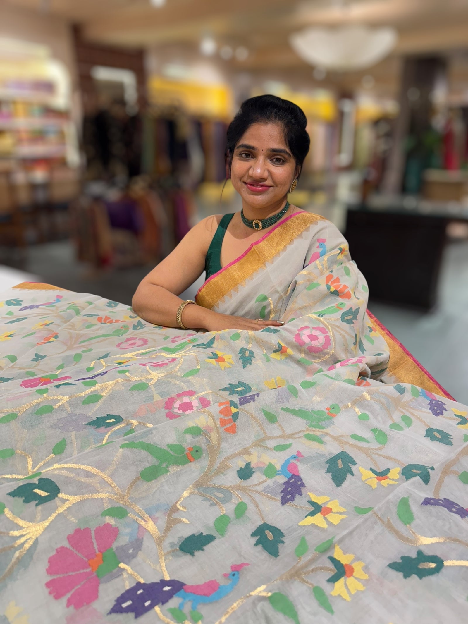 Ponduru Khadi Jamdani Allover multi Meenakari Weaving Saree With Premium 60/60 Count