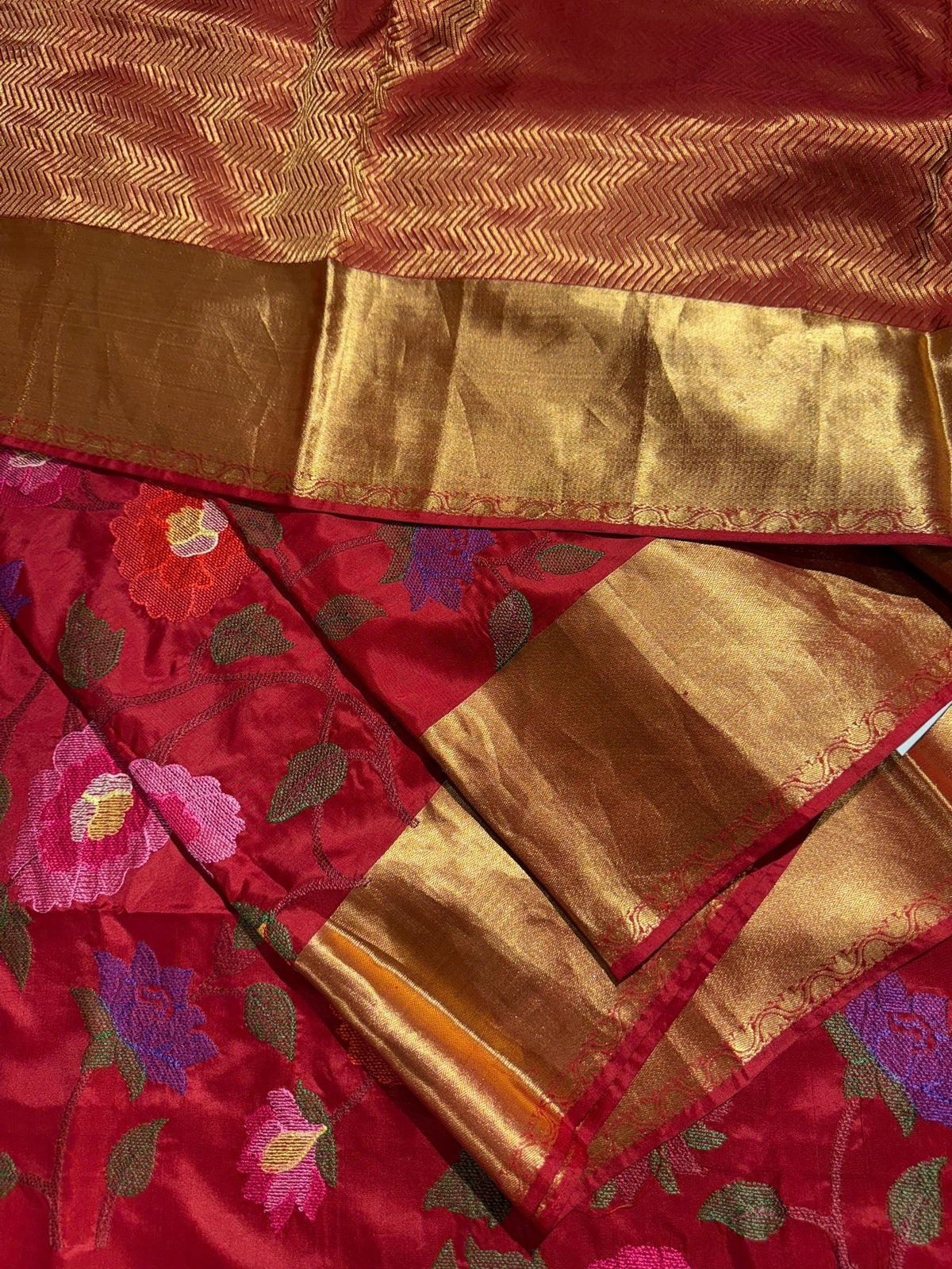 Maroonish Red Kanchi Soft Silk Saree with allover jamdani inspired embroidery