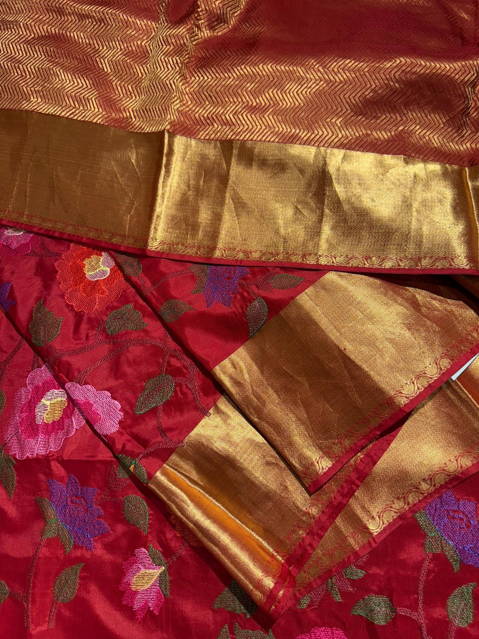 Maroonish Red Kanchi Soft Silk Saree with allover jamdani inspired embroidery