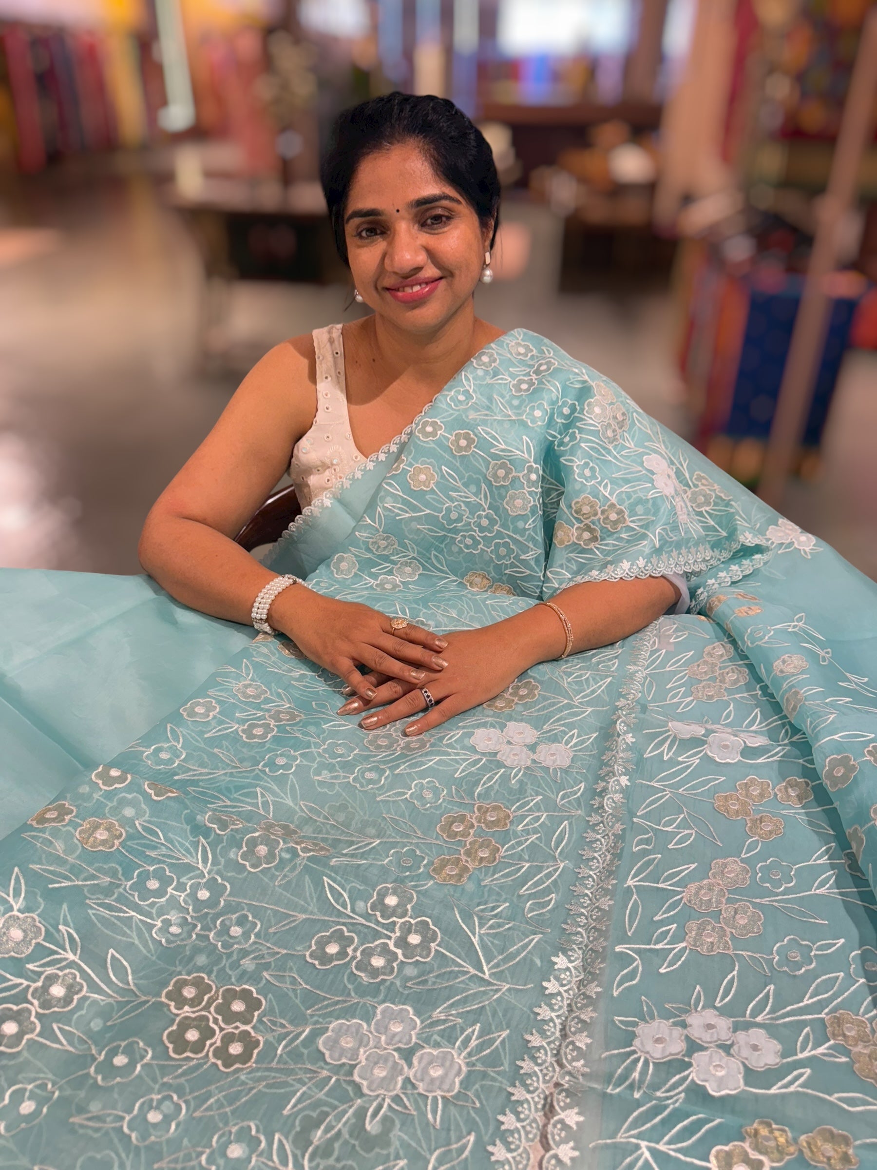 Seablue Organza Saree With Tissue Applique Work