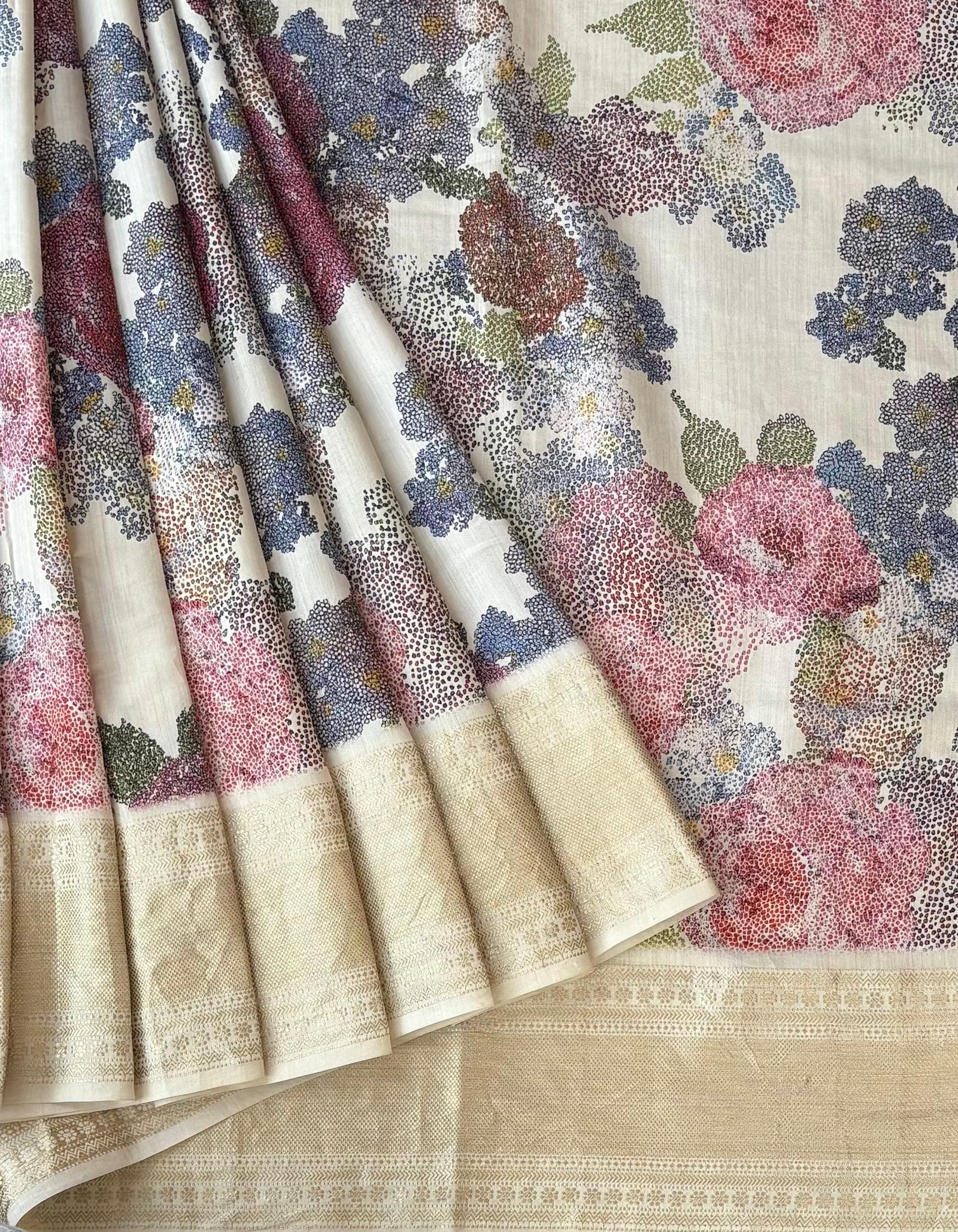 Ivory Pure Handloom Chiniya Silk Saree with stunning 3D Floral Print and zari borders