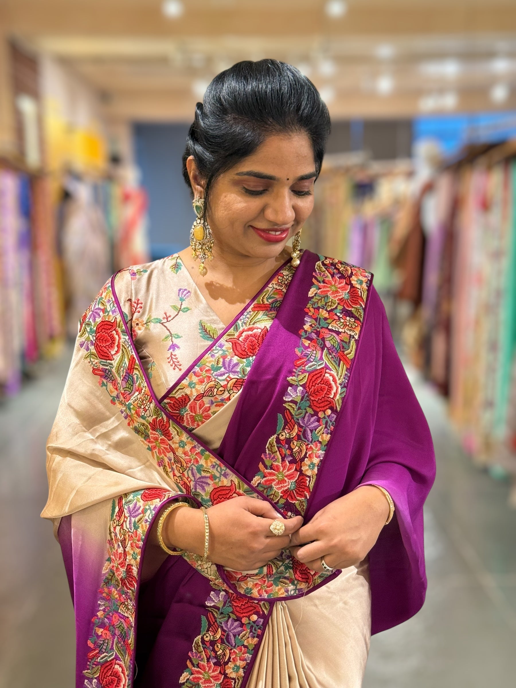 Pure Satin Ombre Dyed Saree with Petite Point Embroidered Border and blouse.