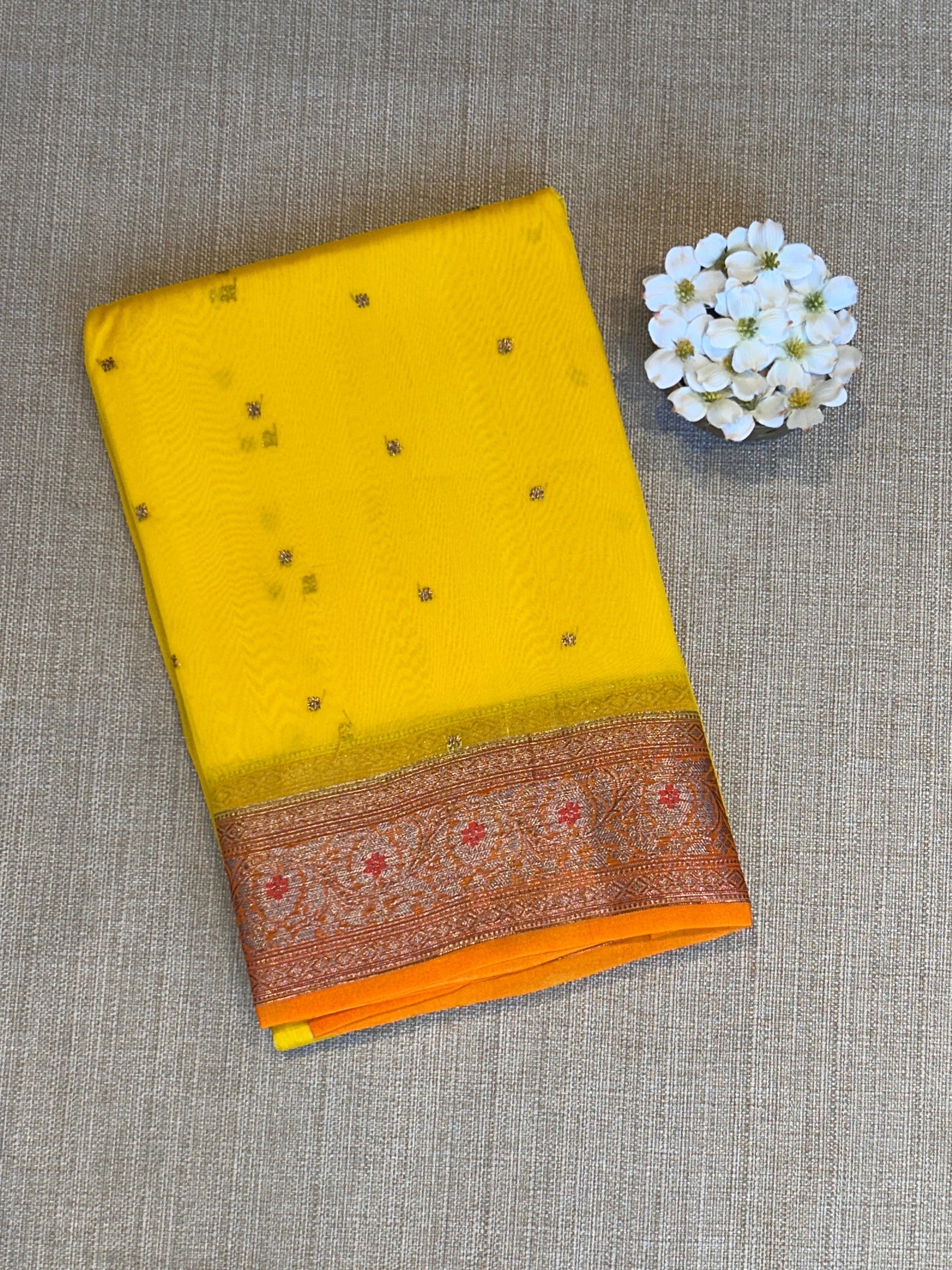 Yellow & Orange Combo Pure Handloom premium Kora Banarasi Saree with meenakari border