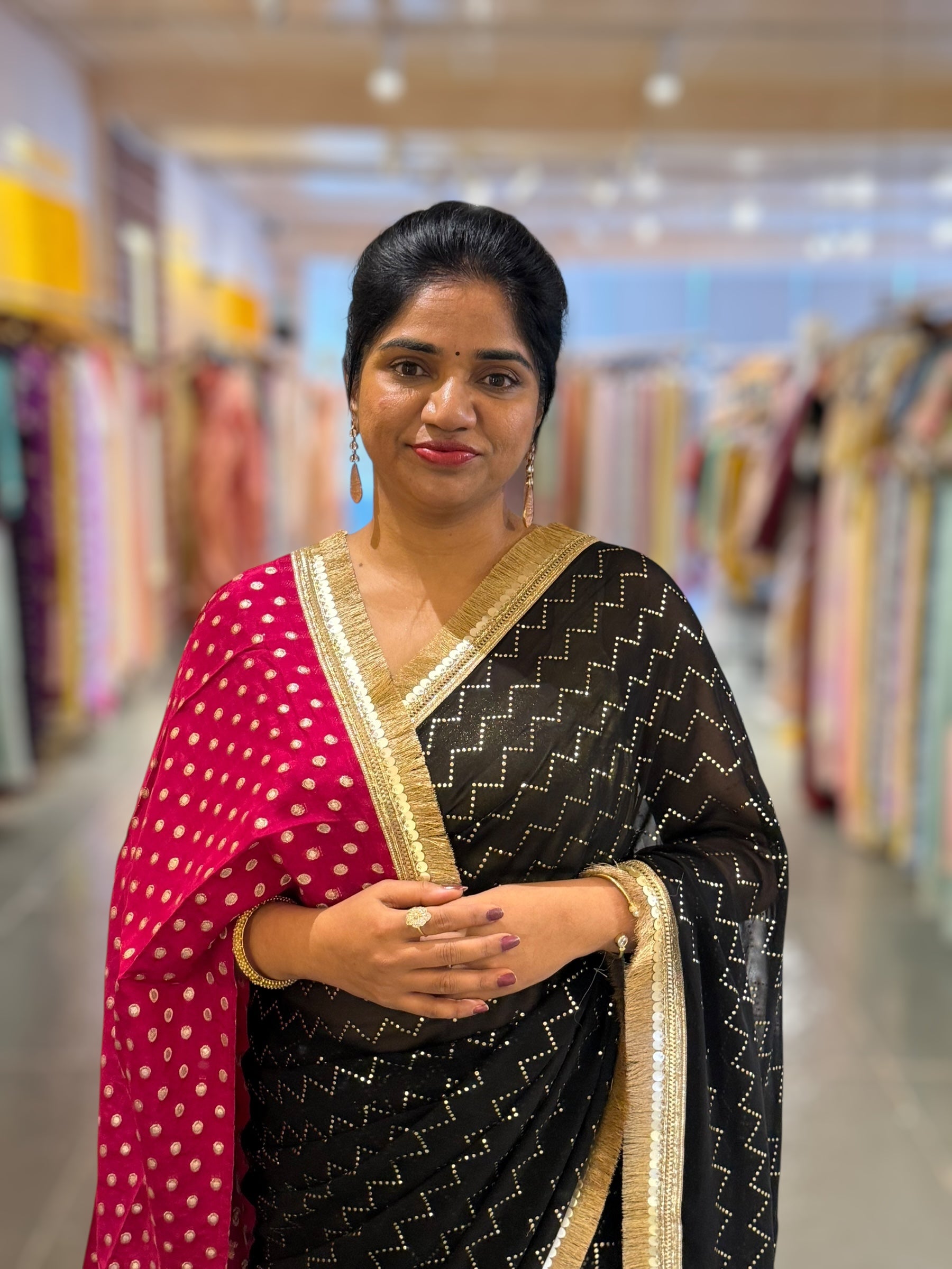 Black Georgette Saree with stick on Badla in zigzag pattern