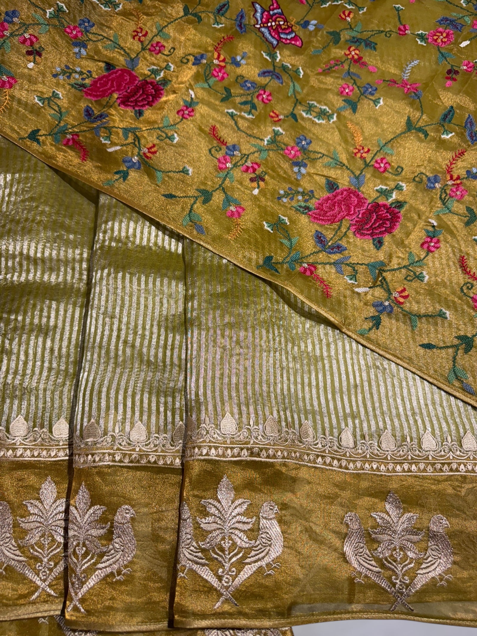 Lime Green Kora tissue stripes Saree with embroidery