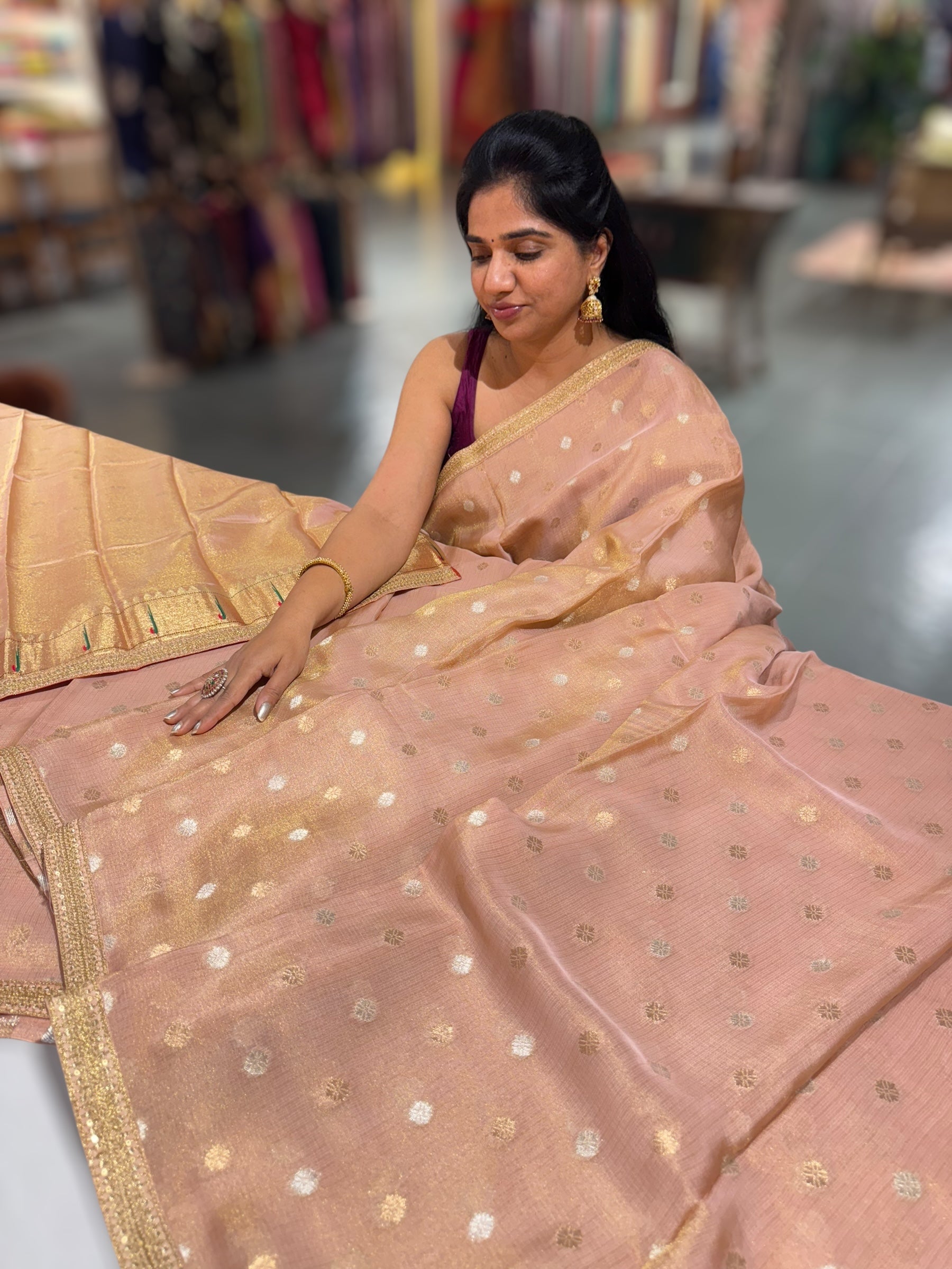 Nude Pink tissue Kota saree with sabyasachi borders and fancy Pythani tissue blosue