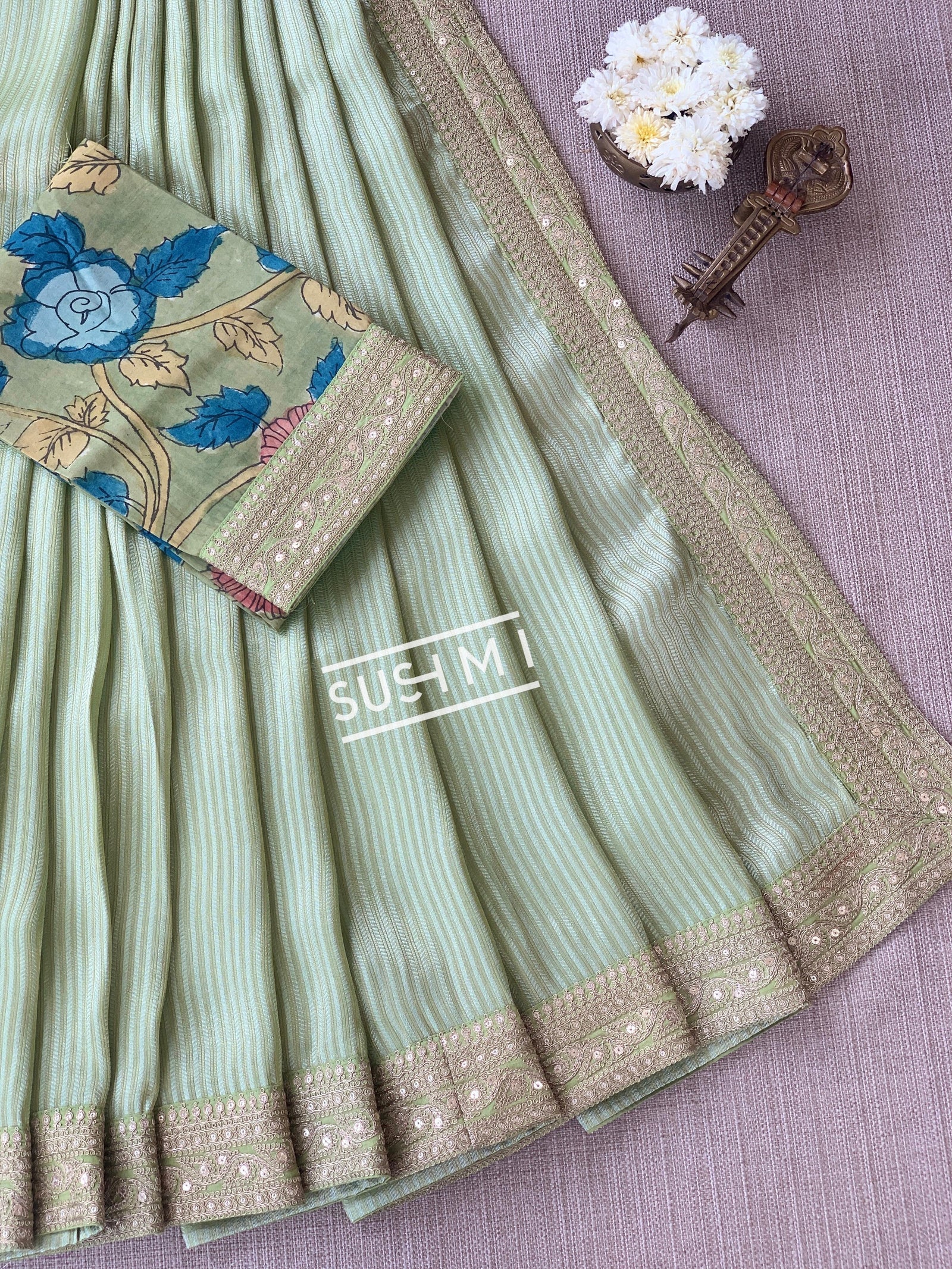 Pista Banarasi tonchoi with pen kalamkari Blouse : D62F025