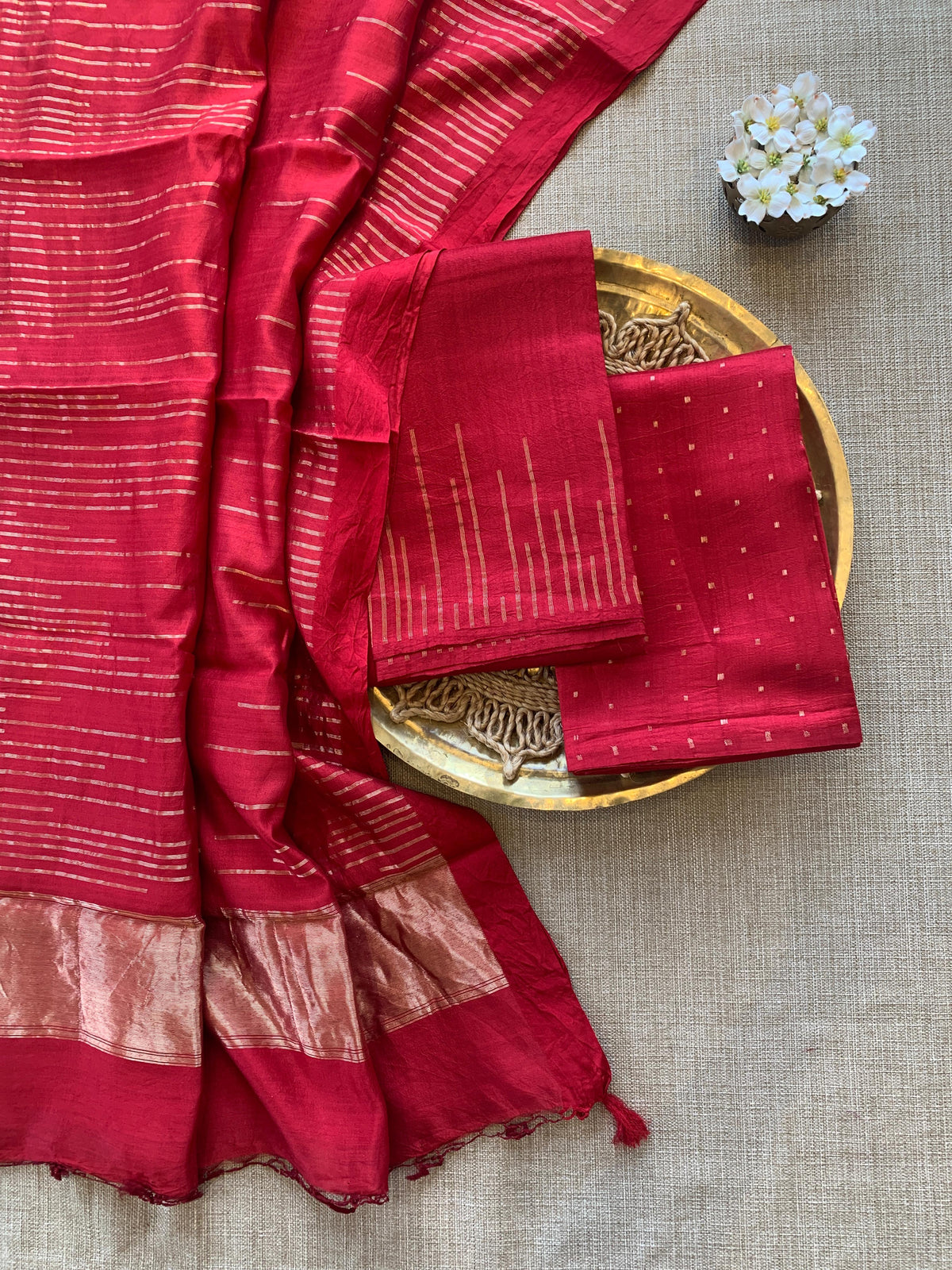 Chilli Red  Banarasi Handloom Chiniya Silk 3-pc Suit Set