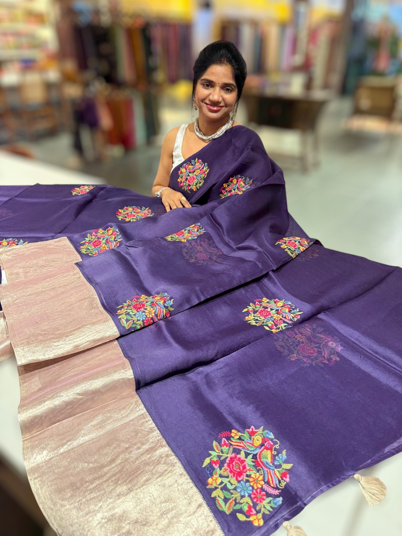 Violet Organza Saree with pure Tissue Border