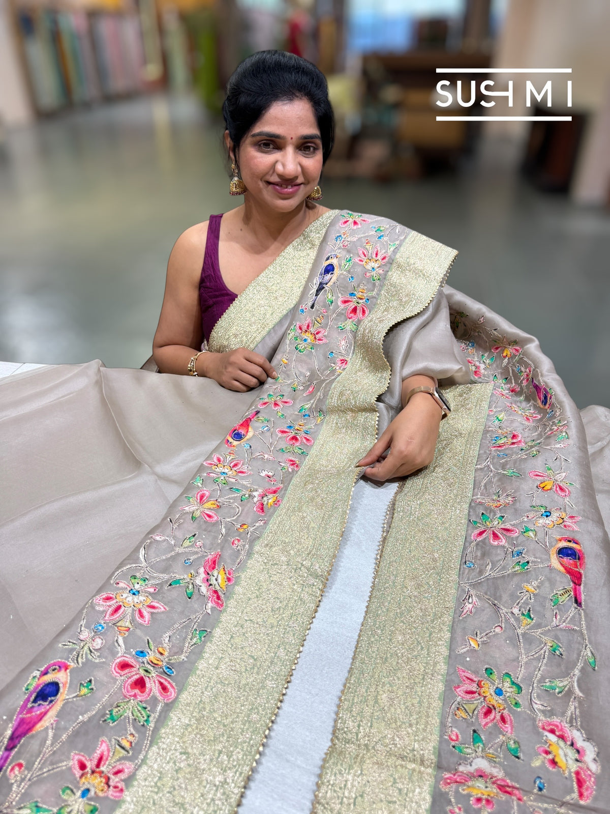 Muted Earthy Dove tone Organza Banarasi Fusion Saree with Bird Appliqué : SM022