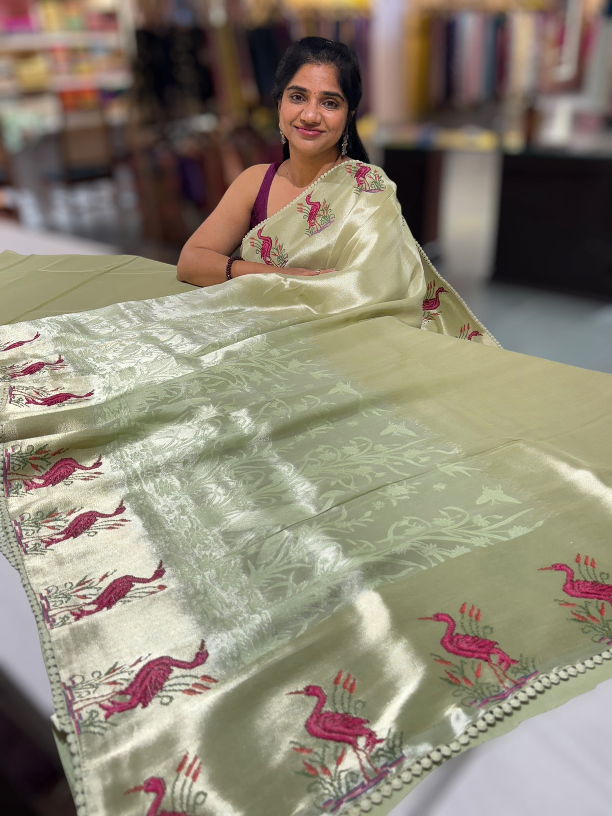 Mint Green Banarasi Brocade tissue saree with tonchui style weaving & petite point embroidered swan border