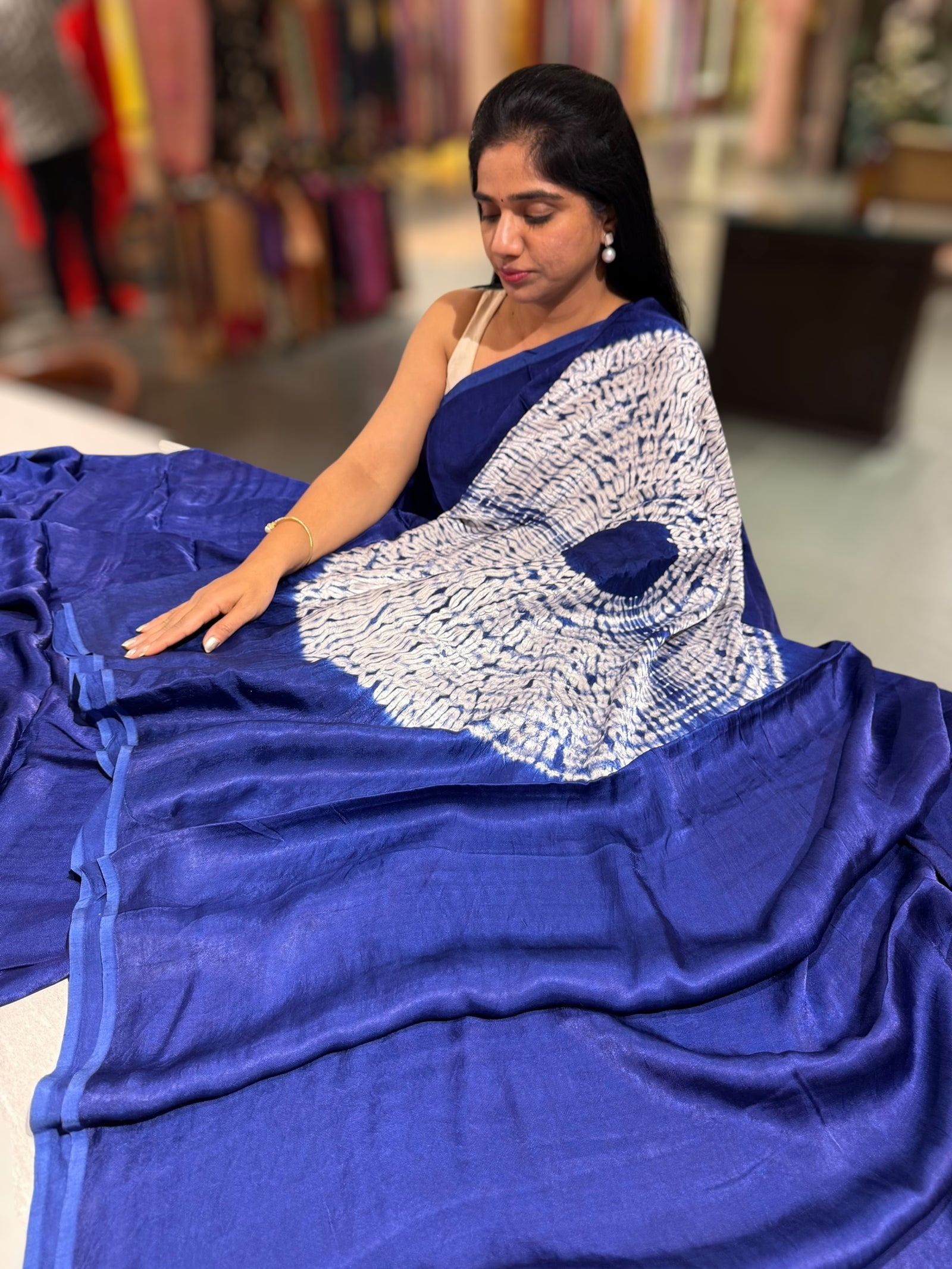 Blue gajji silk saree with bandhini circular pallu