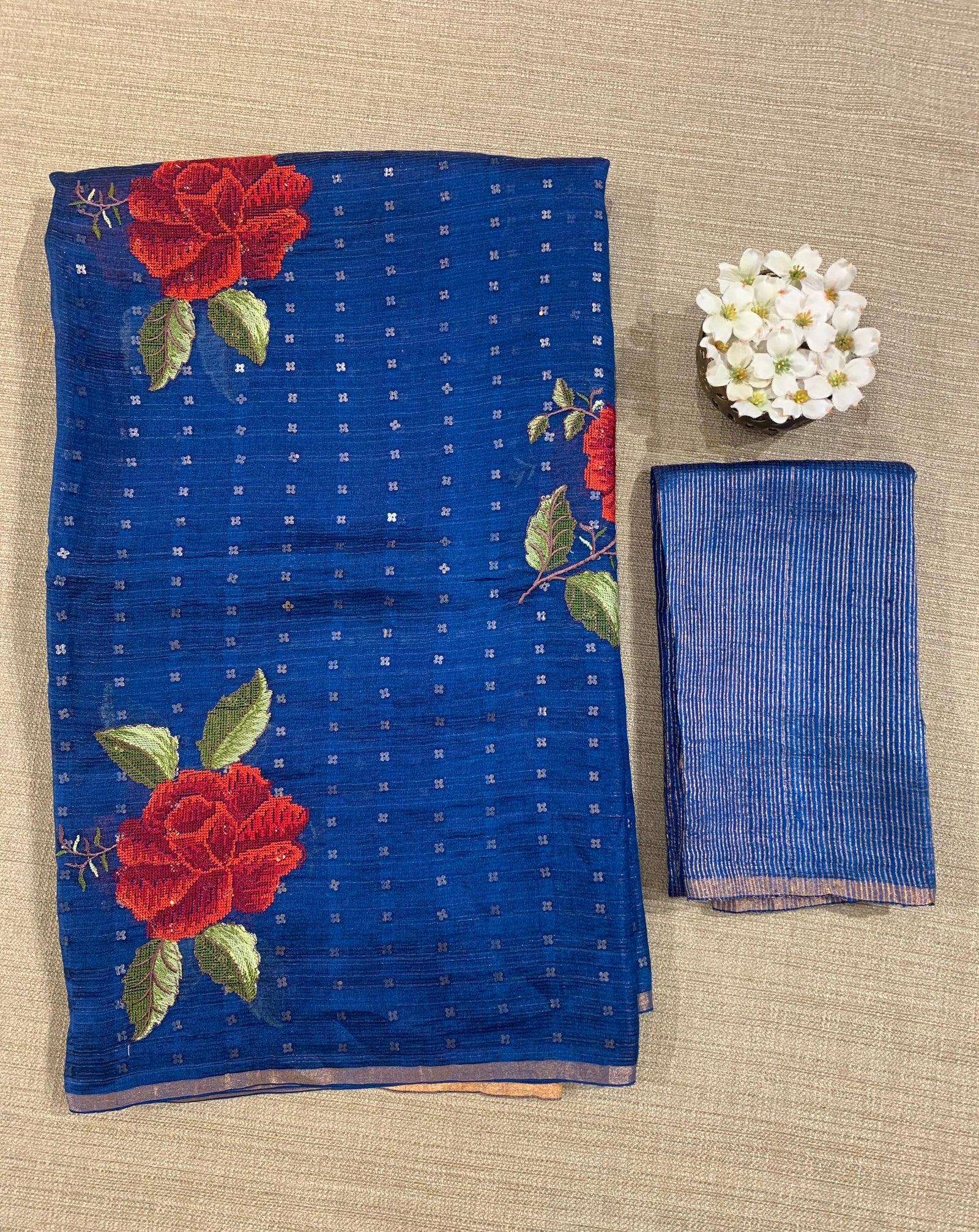 Tussar Kota Saree with embedded sequnce and hibuscus flower embroidery