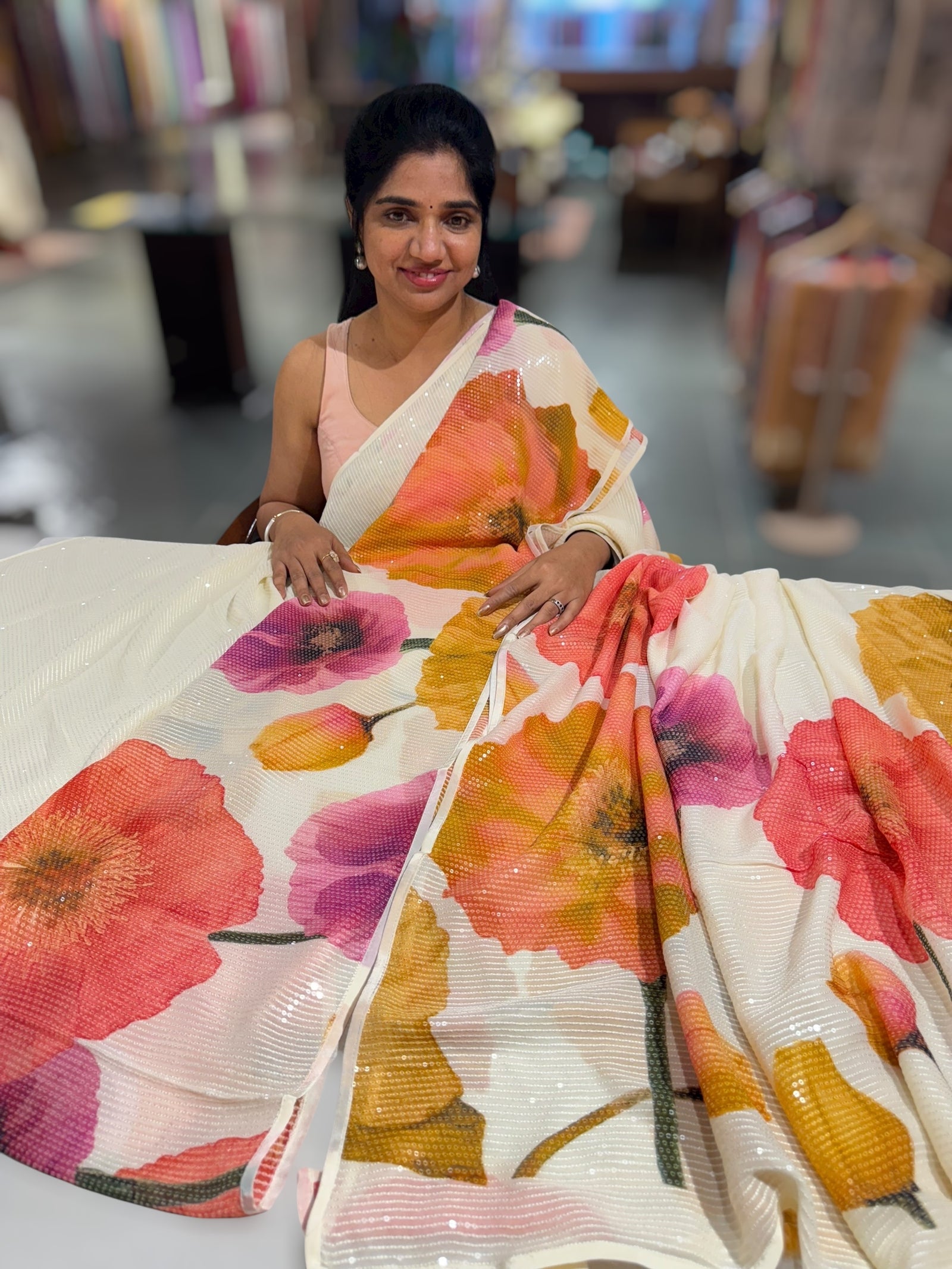 Ivory Georgette sequence Sarees with statement Floral print