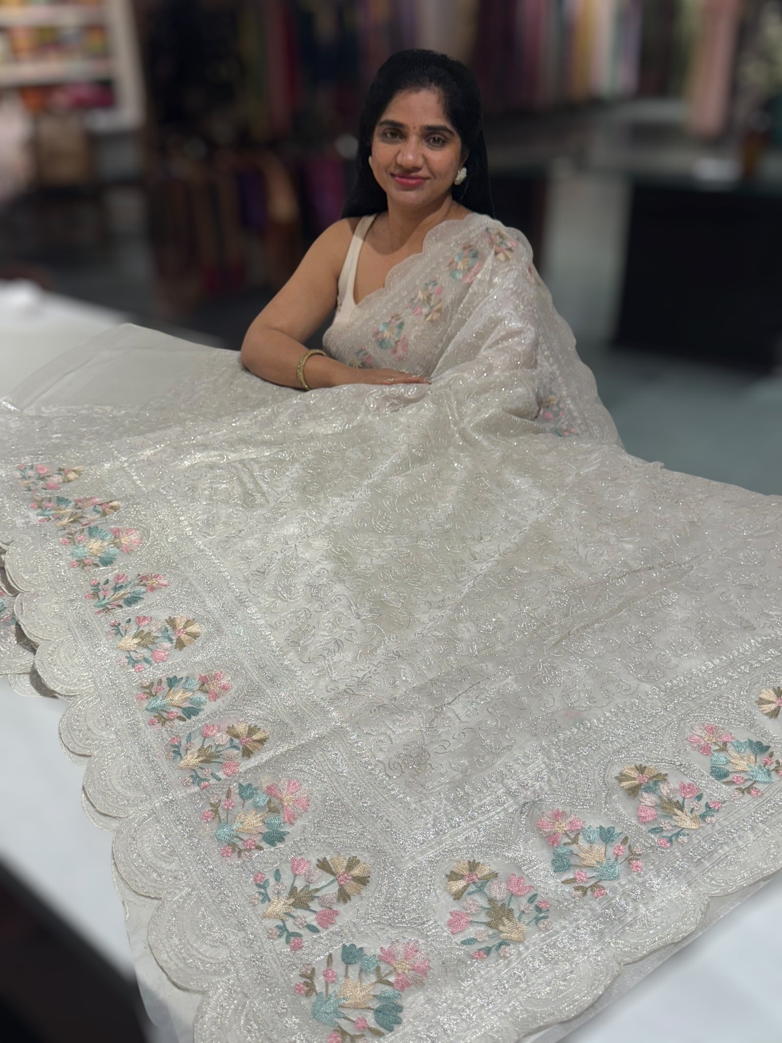 Silver Glass Organza Saree with allover embroidery