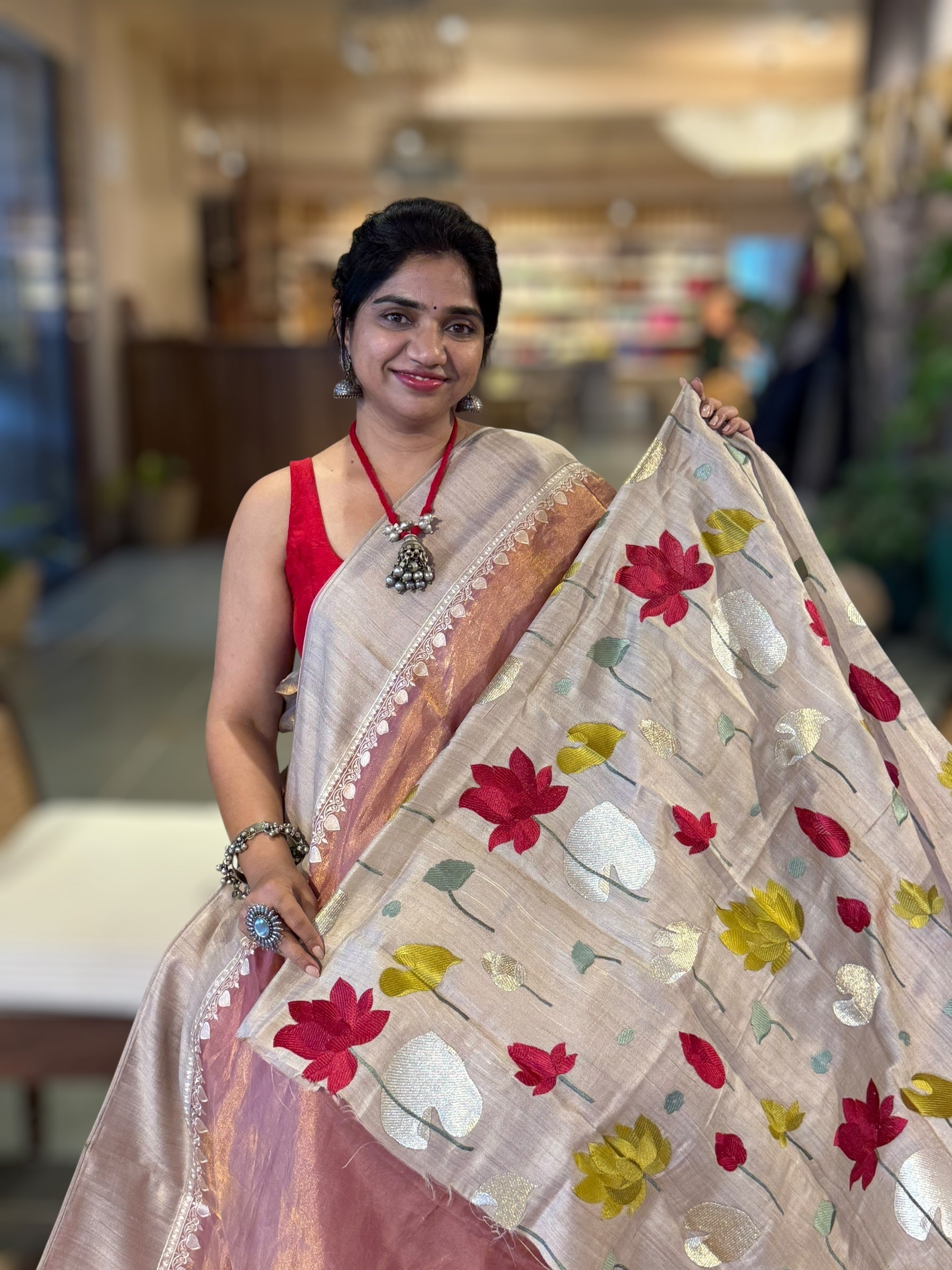 Peach Pink Designer Handloom Tissue Saree With Tulip embroidery