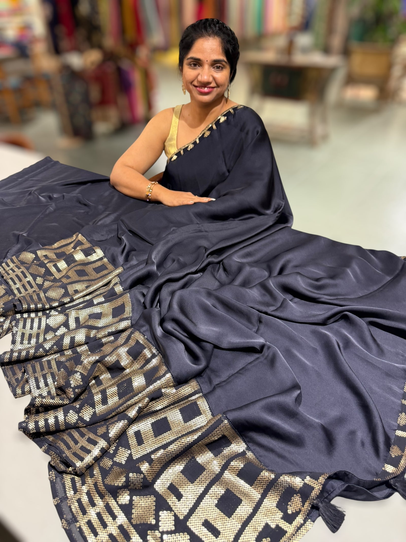 Navy pure Satin Saree with designer sequence border and blouse