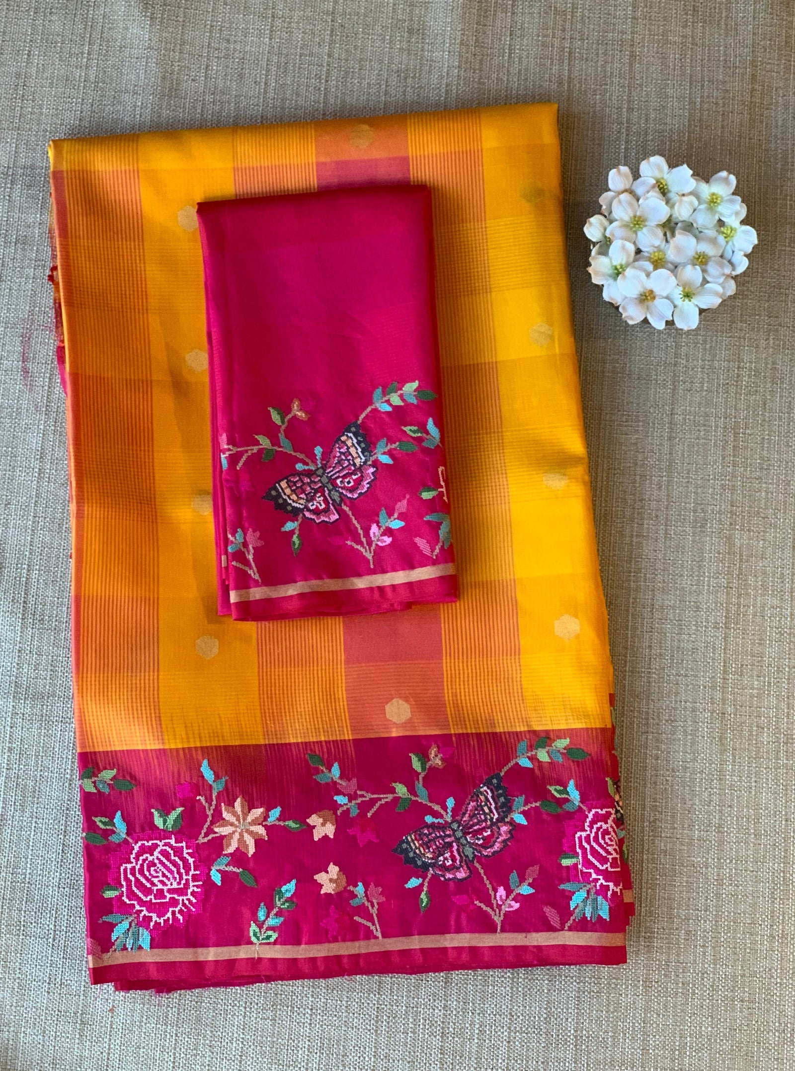 Mustard checks vintage style Kanchi Soft Silk Saree with petite point embroidered border